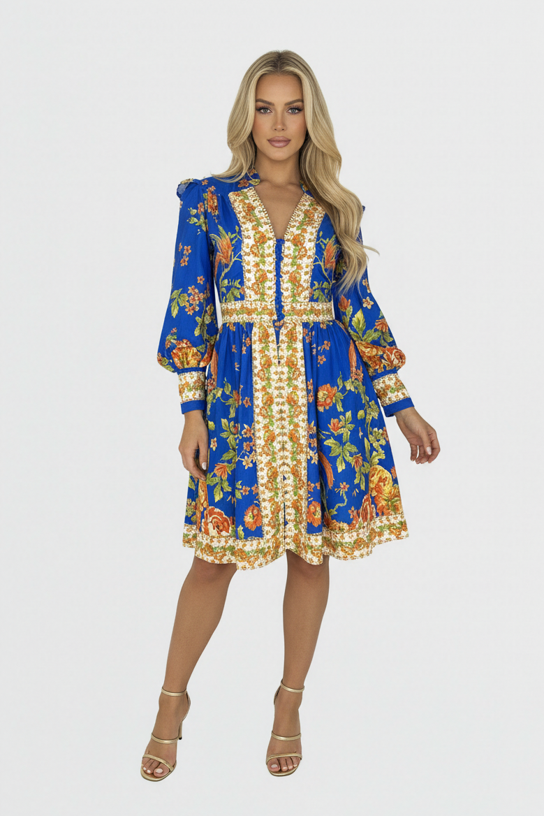 Vibrant Print Button Down Cinched Waist A-Line Midi Dress