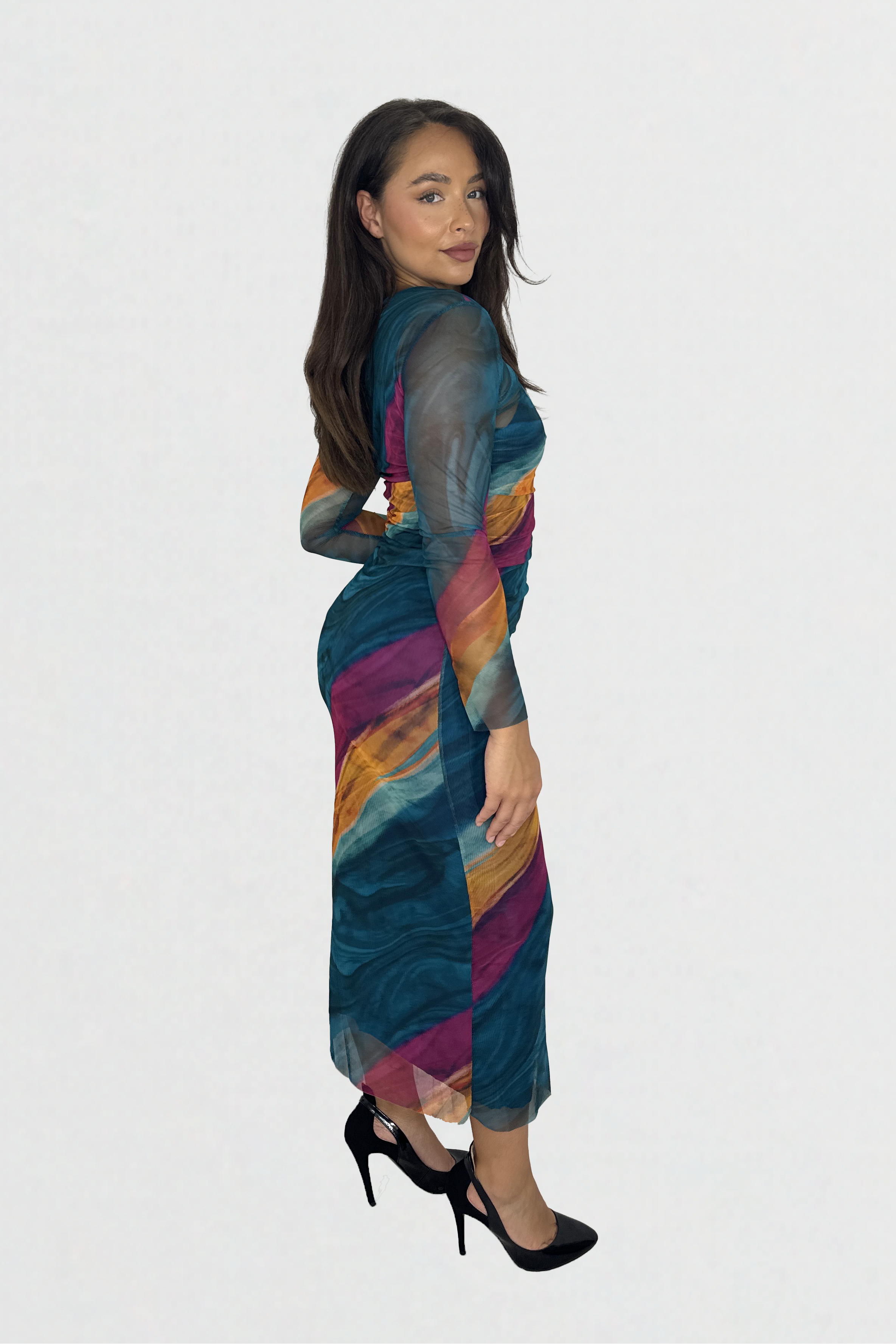 Wholesale Women's Multicolour Tie Dye Ruched Mesh Long Dress (PACK OF 6)