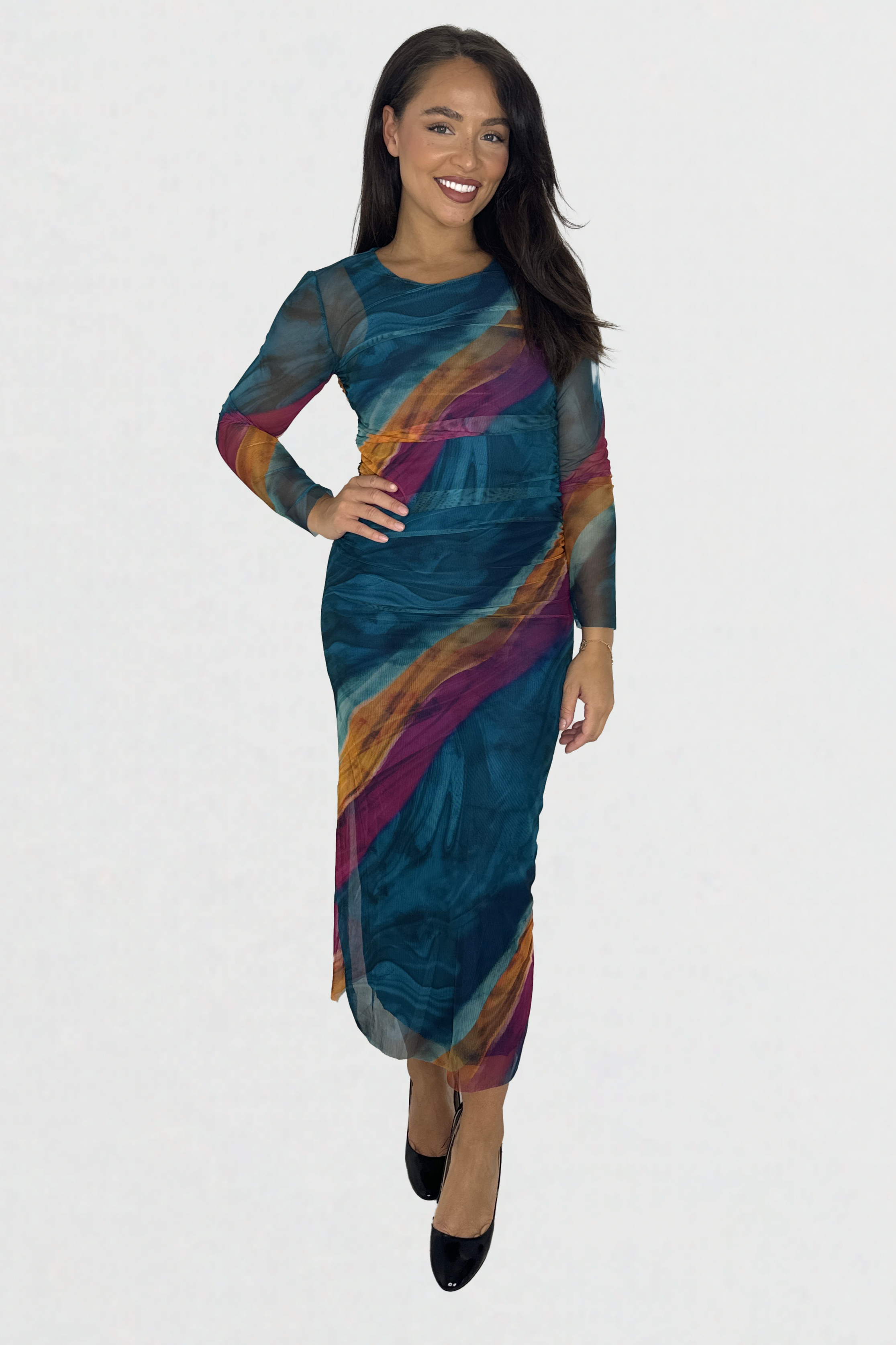 Multicolour Tie Dye Ruched Mesh Long Dress