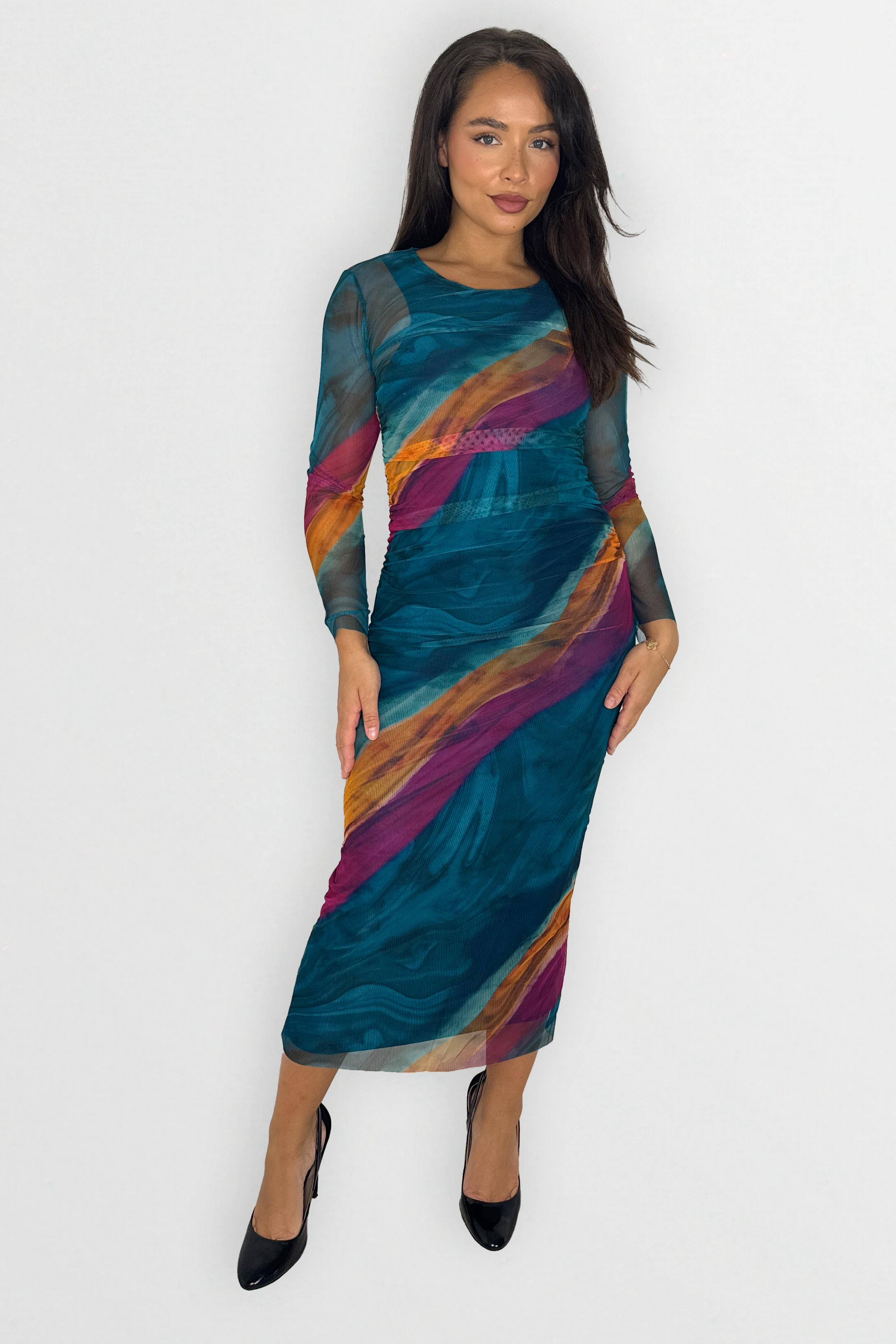 Wholesale Women's Multicolour Tie Dye Ruched Mesh Long Dress (PACK OF 6)