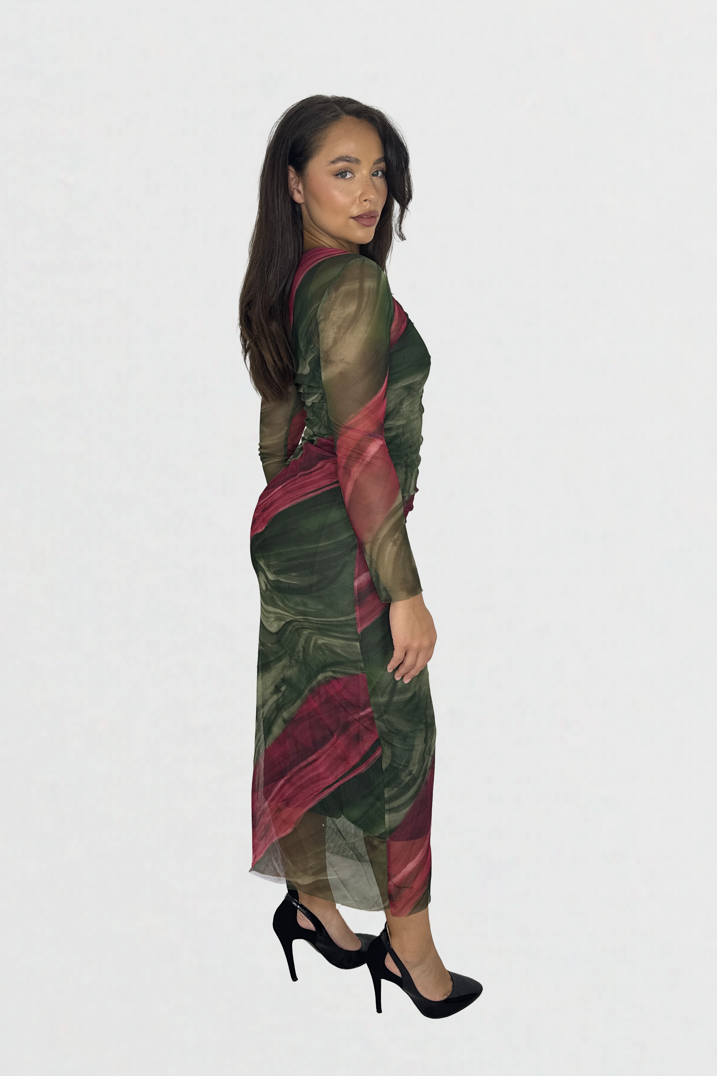 Multicolour Tie Dye Ruched Mesh Long Dress
