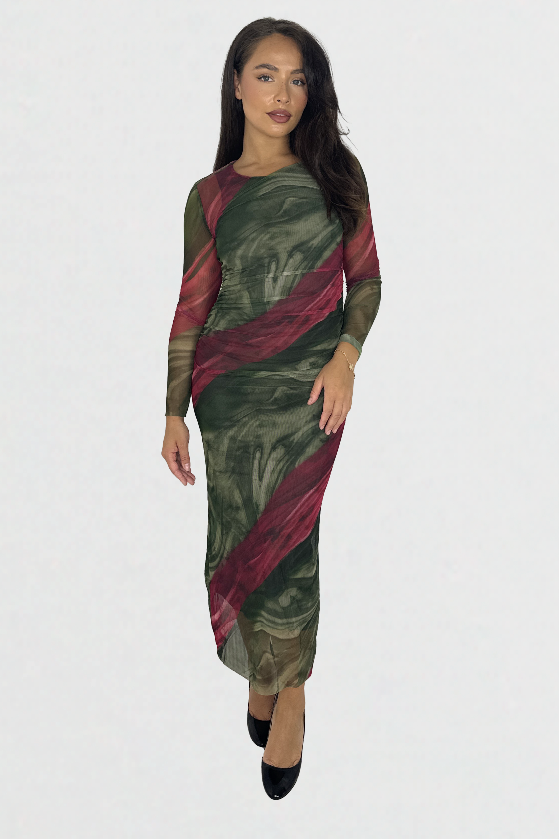 Multicolour Tie Dye Ruched Mesh Long Dress