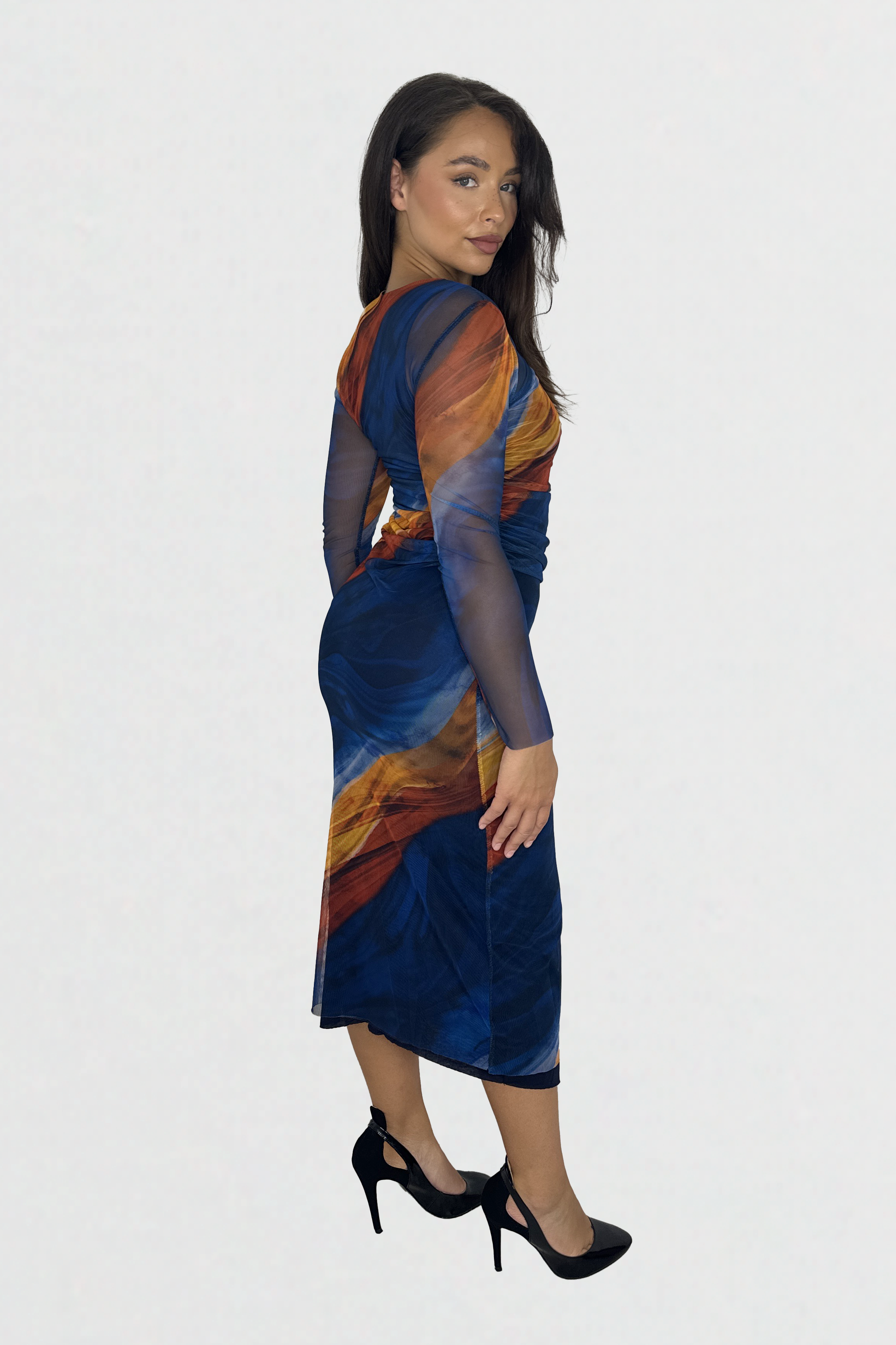 Multicolour Tie Dye Ruched Mesh Long Dress