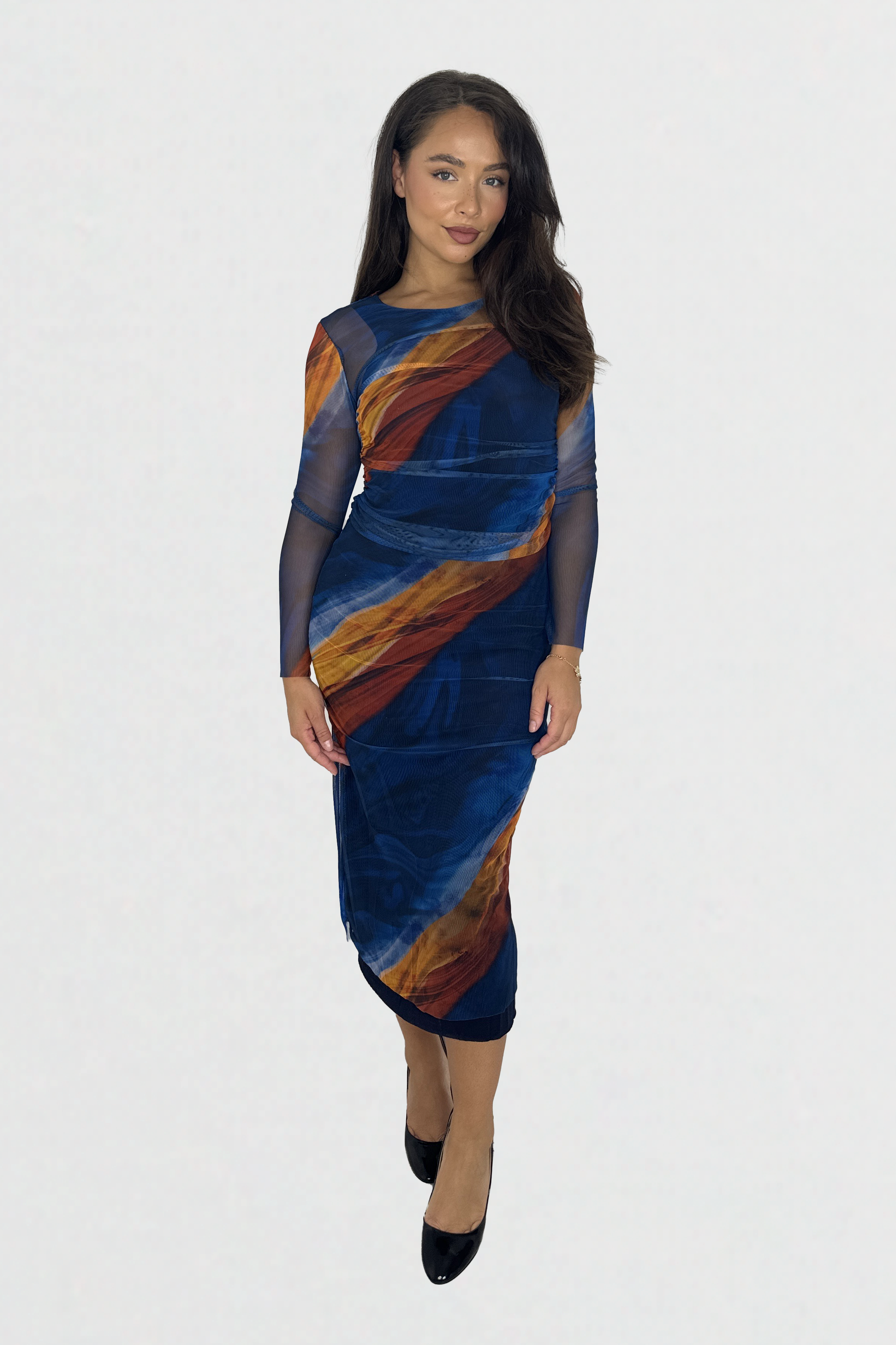Multicolour Tie Dye Ruched Mesh Long Dress