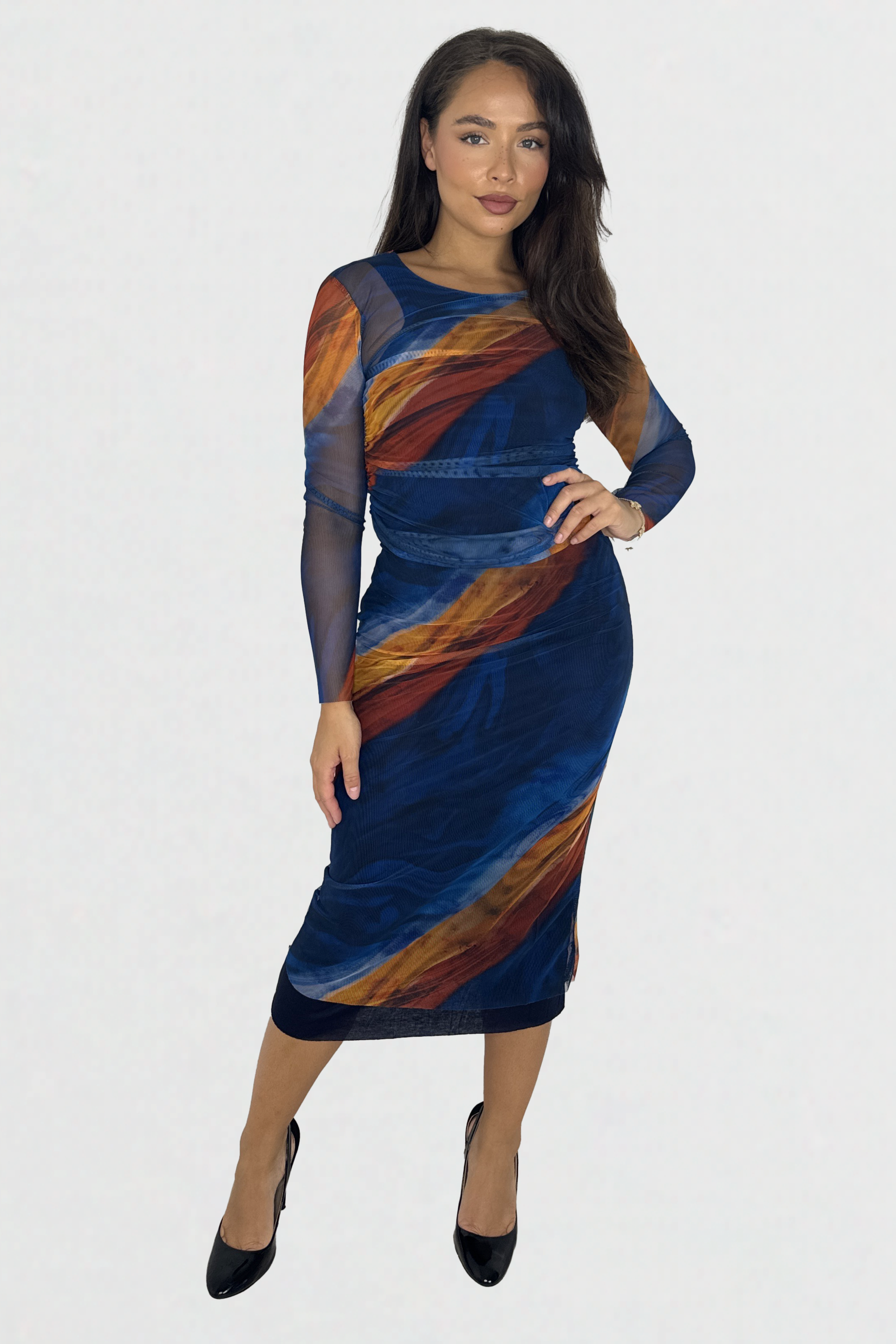 Multicolour Tie Dye Ruched Mesh Long Dress