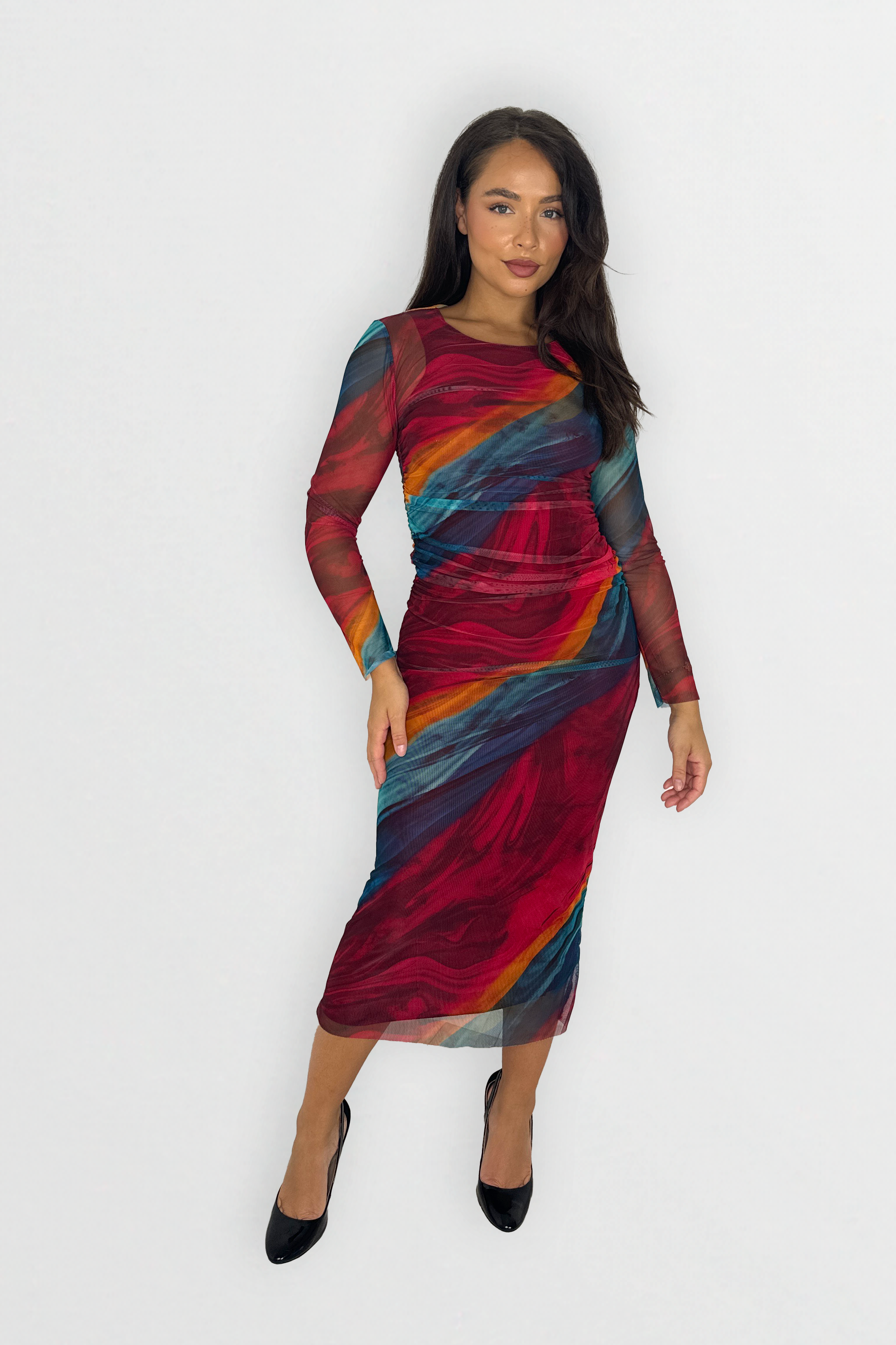 Multicolour Tie Dye Ruched Mesh Long Dress