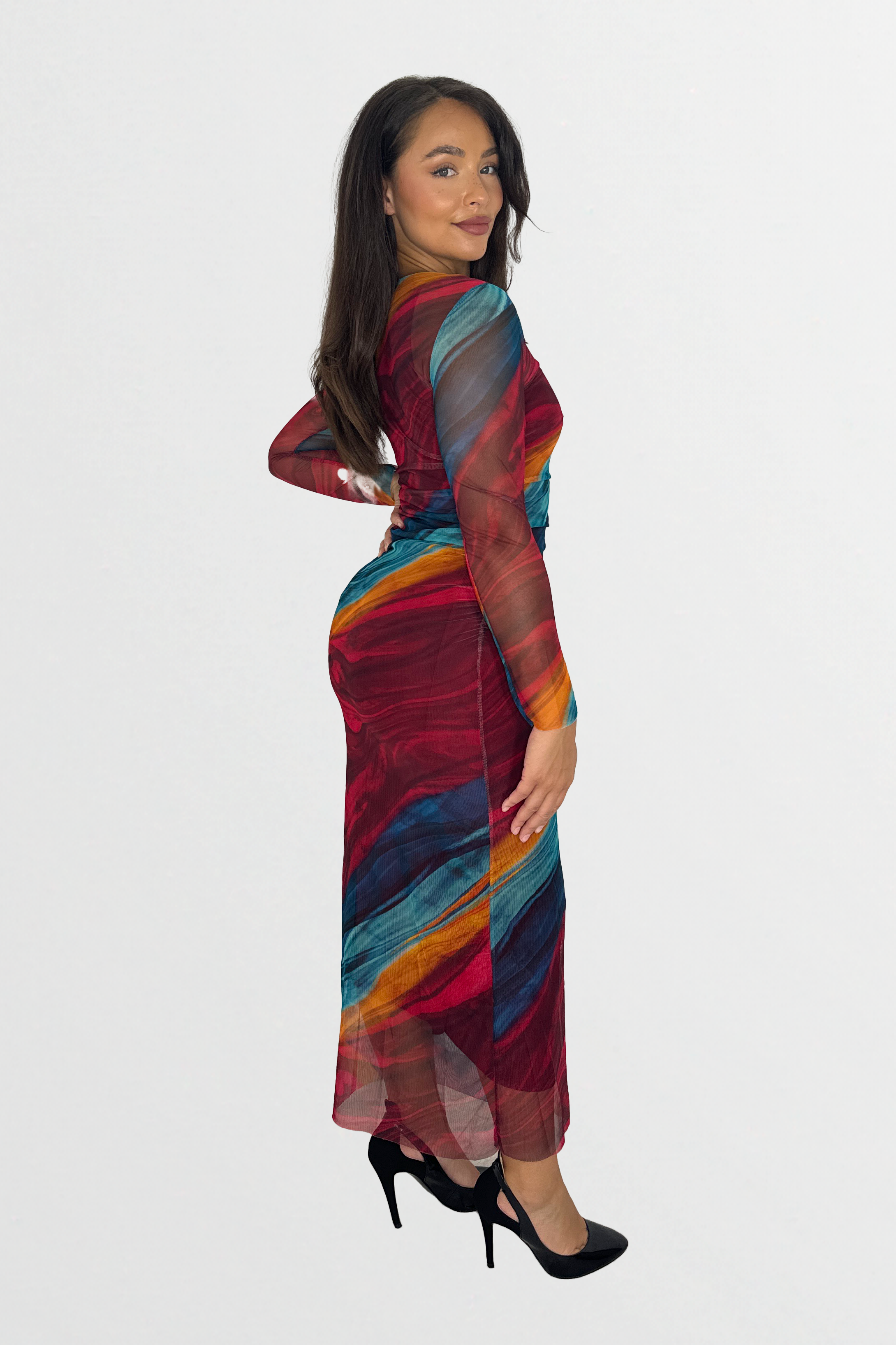 Multicolour Tie Dye Ruched Mesh Long Dress