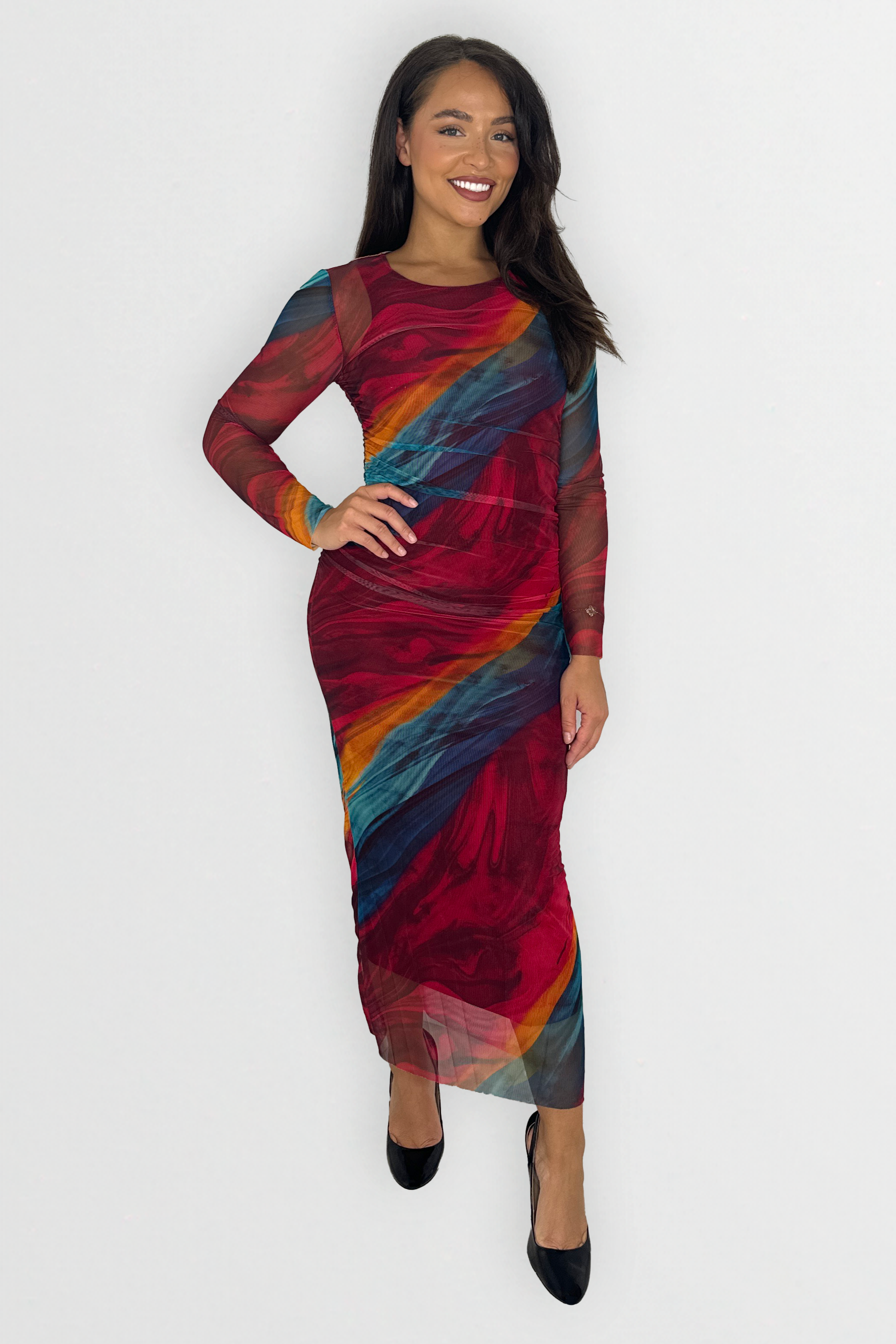 Wholesale Women's Multicolour Tie Dye Ruched Mesh Long Dress (PACK OF 6)