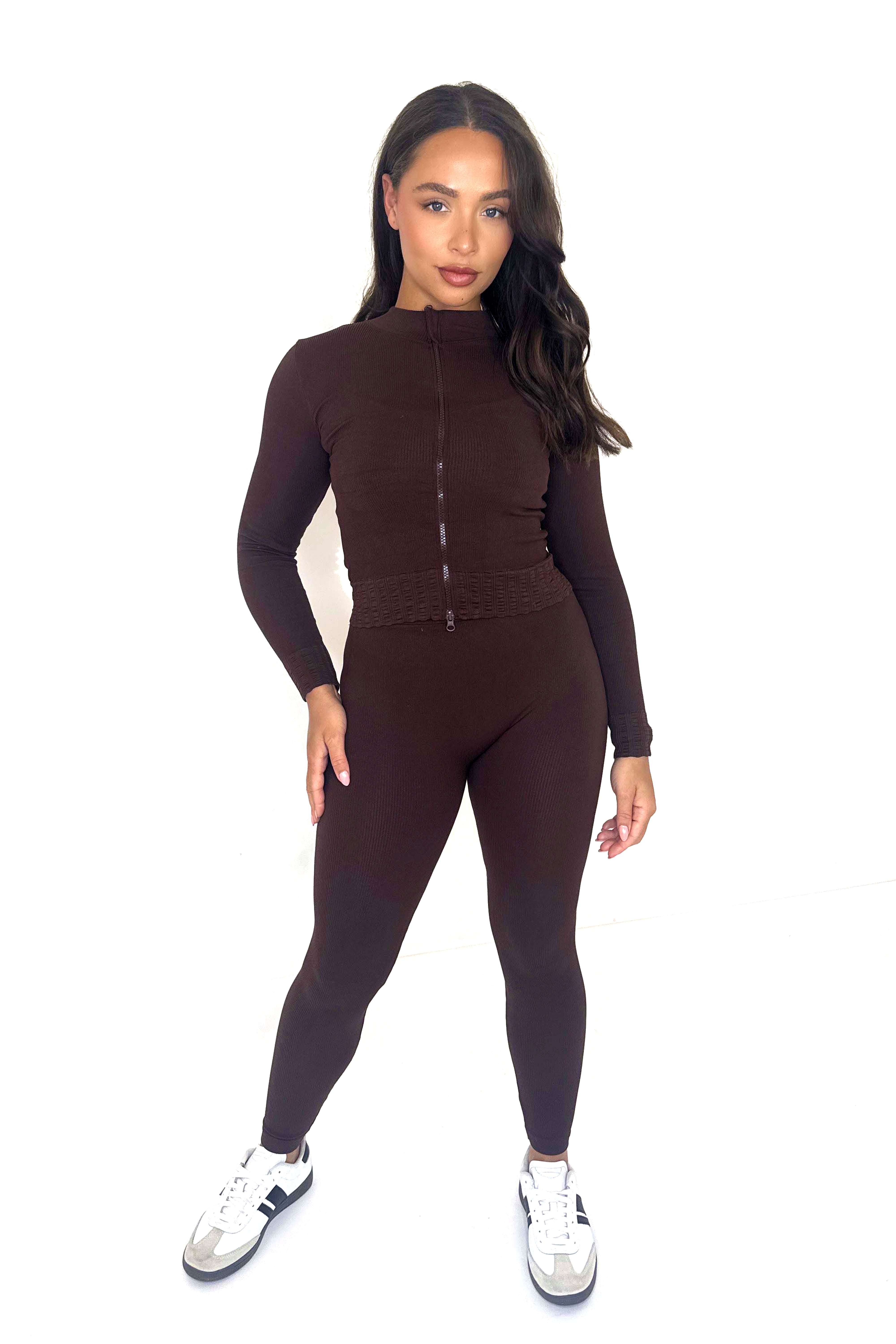 Wholesale Women's Double Zip Fastening Cropped Top And Leggings Ribbed 3 Piece Activewear Set (PACK OF 6)