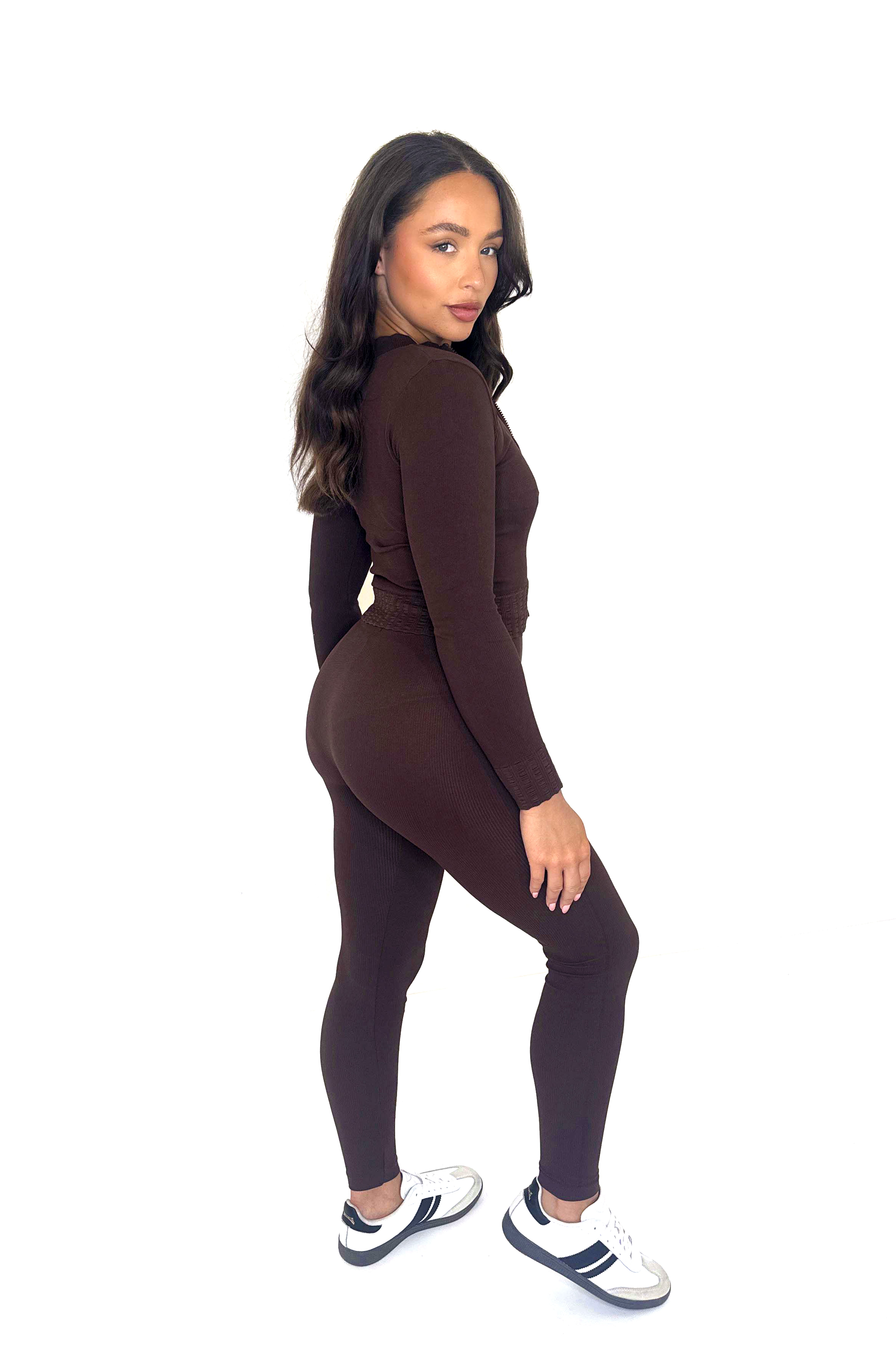 Wholesale Women's Double Zip Fastening Cropped Top And Leggings Ribbed 3 Piece Activewear Set (PACK OF 6)