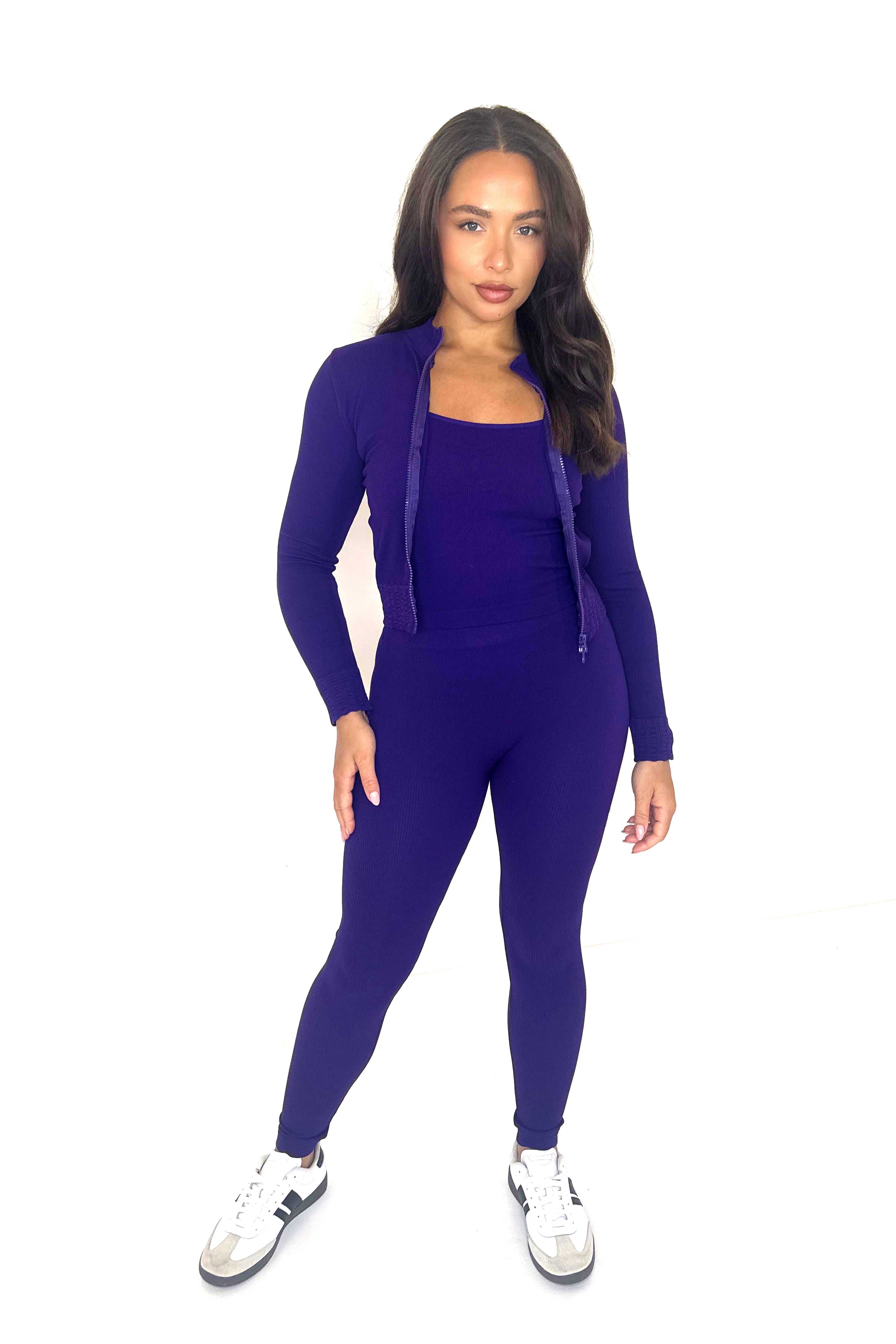 Wholesale Women's Double Zip Fastening Cropped Top And Leggings Ribbed 3 Piece Activewear Set (PACK OF 6)