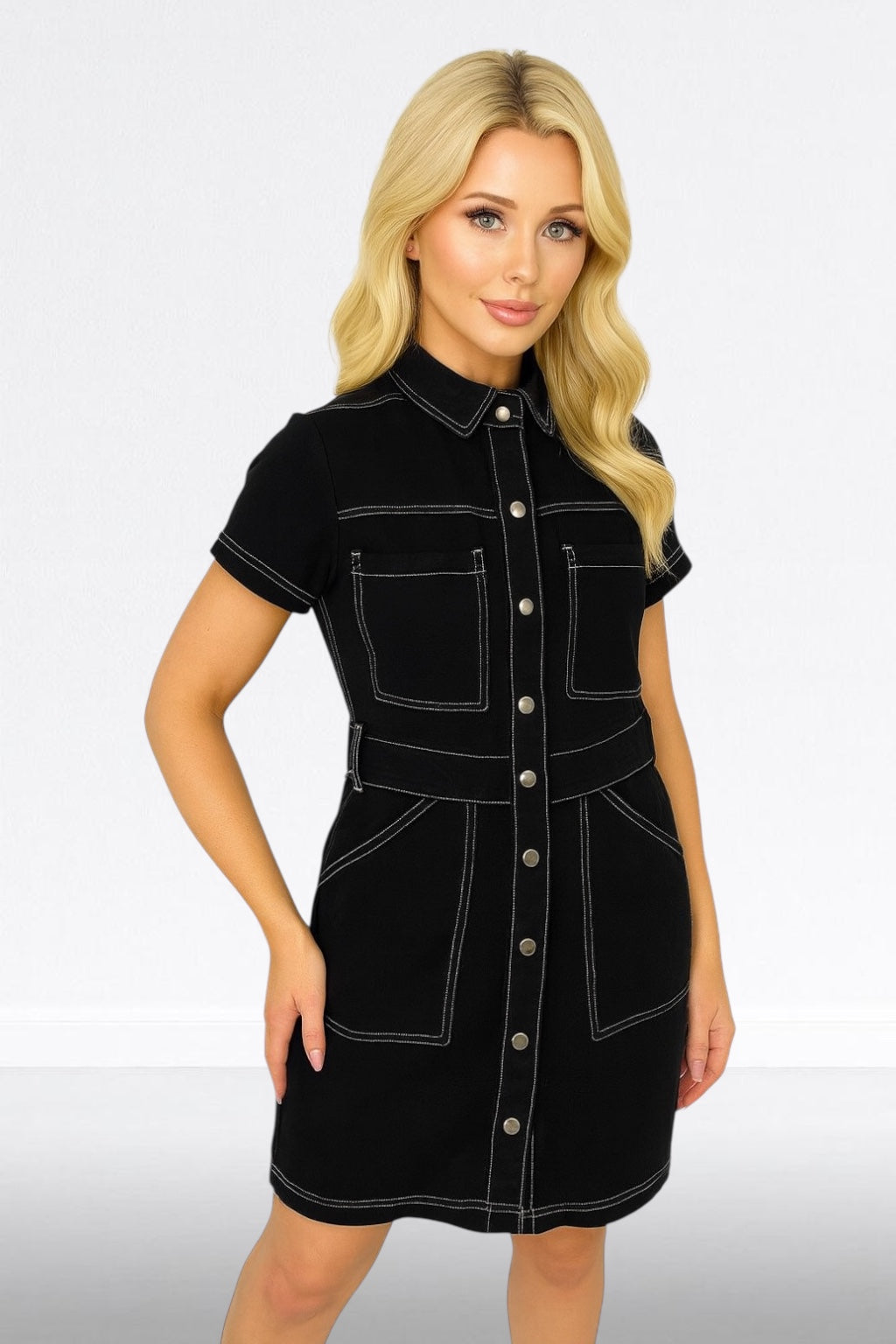 Popper Buttons Front Light Denim Dress