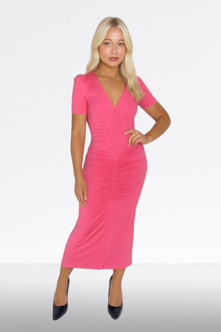 Short Sleeve V-Neck Puckered Waist Back Slit Skirt Long Dress