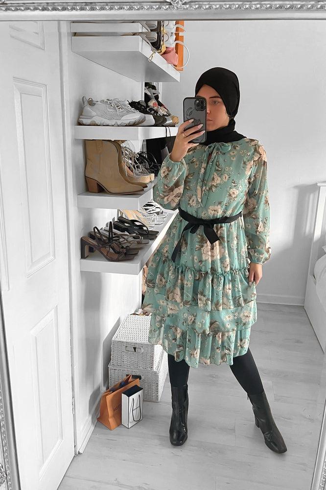 Floral Print Tiered Skirt Sash Belt Modest Dress-SinglePrice