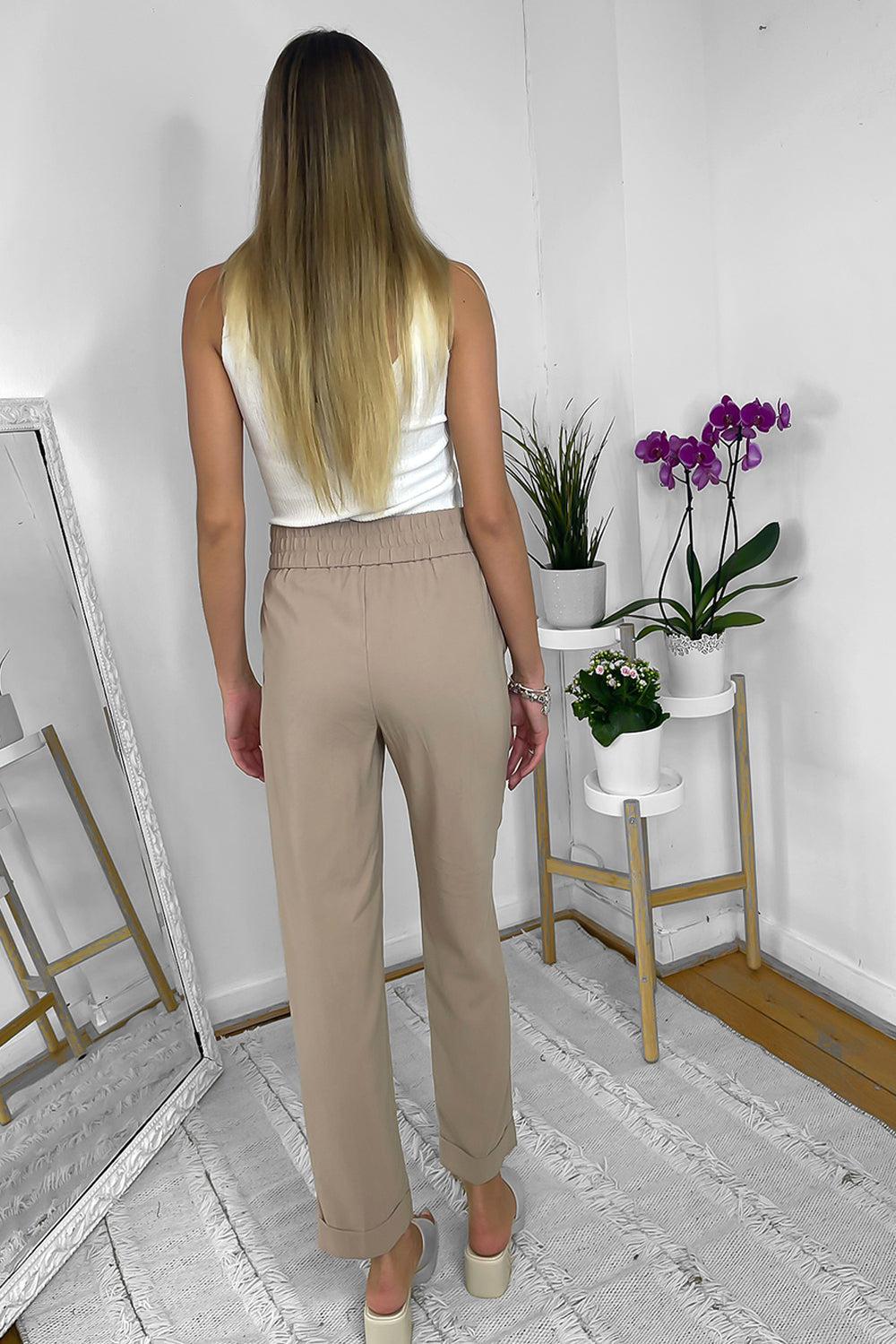Beige Elastic Waist Smart Trousers-SinglePrice