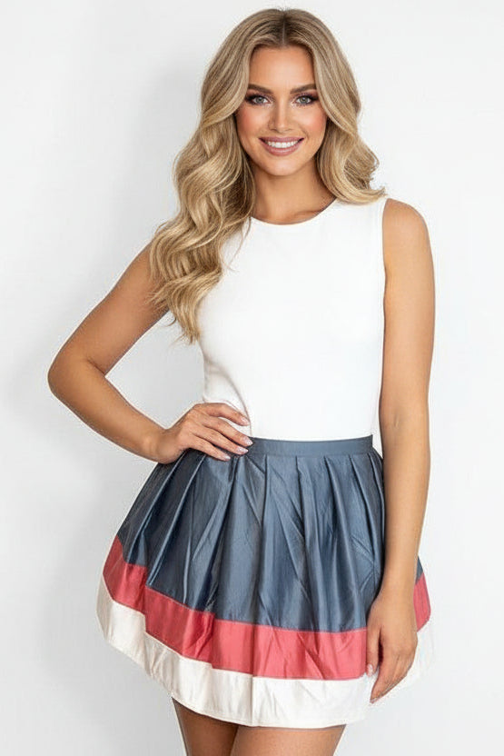 Blue Colourblock Satin Pleated Skater Skirt-SinglePrice