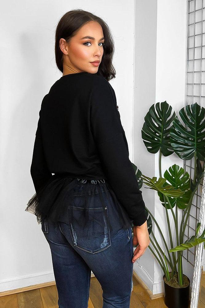 Black Layered Net Hem Drawstring Sweatshirt-SinglePrice