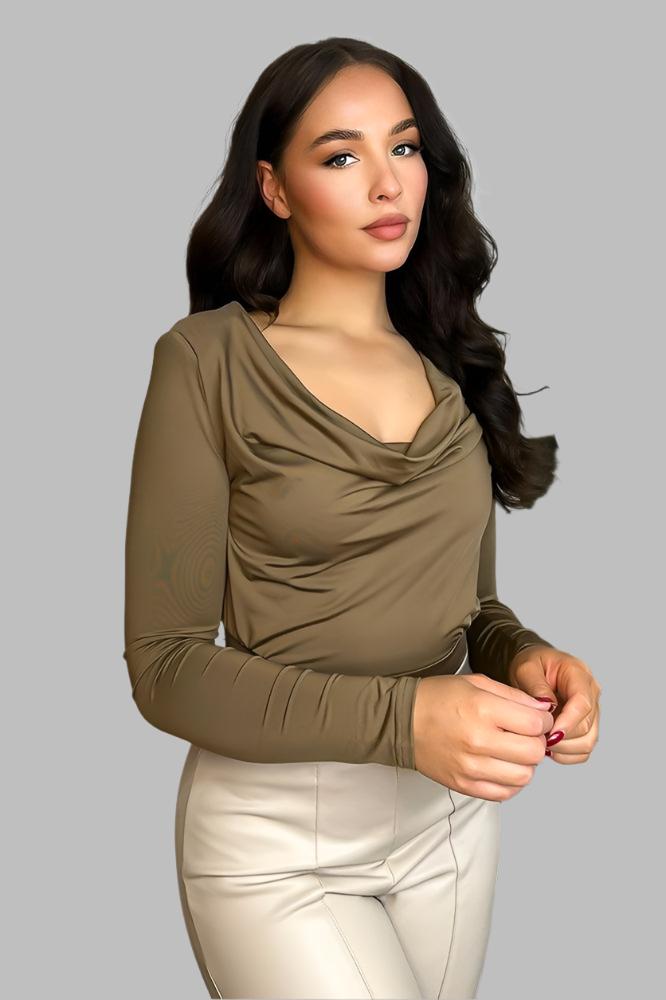 Brown Cowl Neck Power Shoulders Slinky Bodysuit-SinglePrice