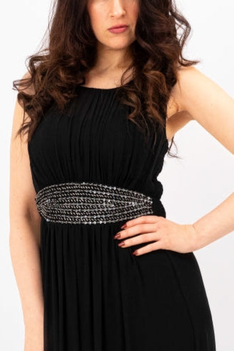 Elegant Encrusted Beaded Black Evening Maxi Dress
