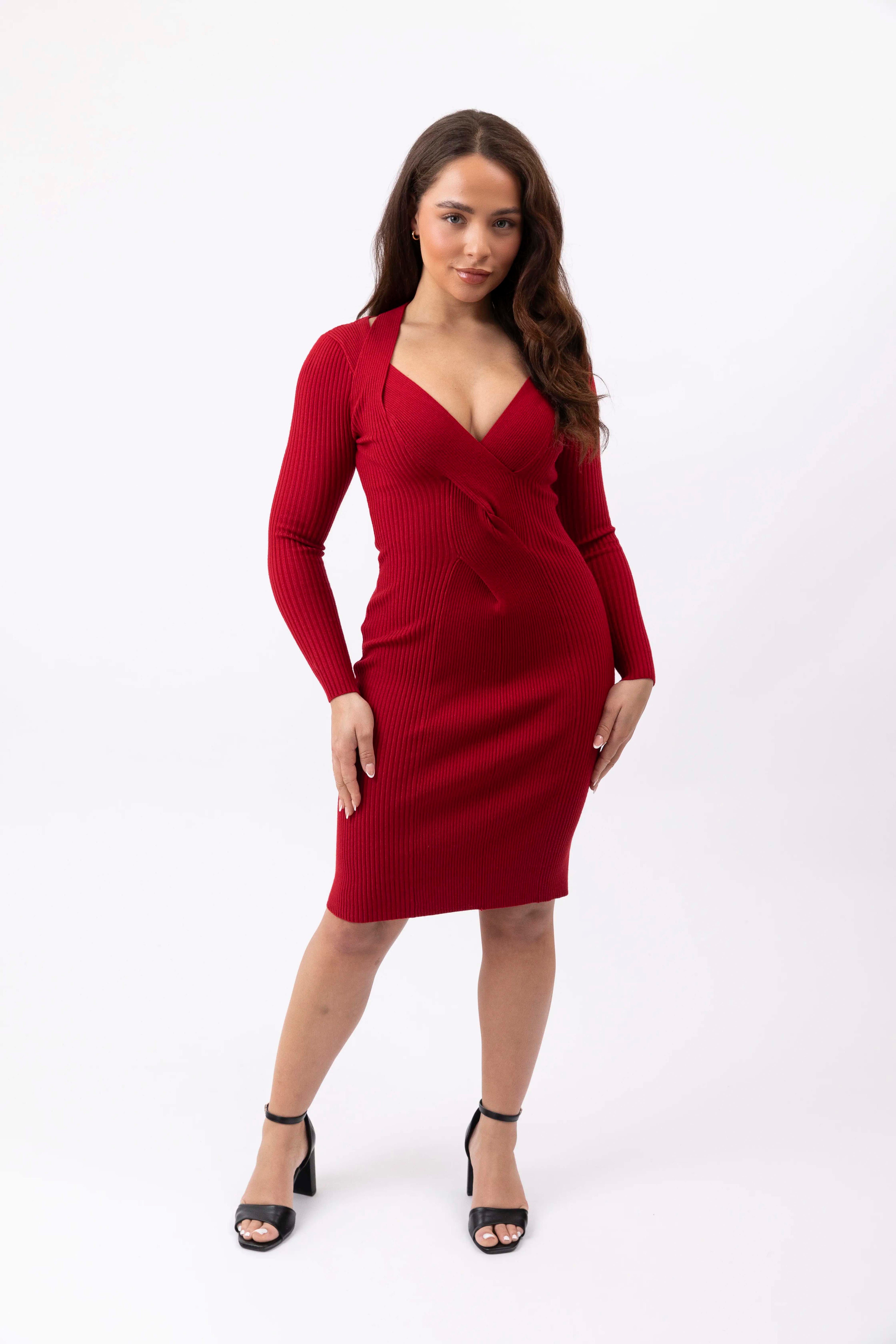 Cut Out Twisted Ribbed Knit Viscose Blend Knitted Midi Dress