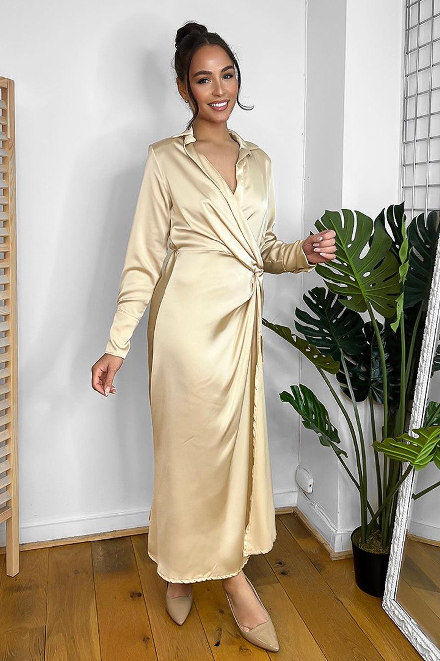 Beige Satin Twist To Side Midi Length Dress-SinglePrice