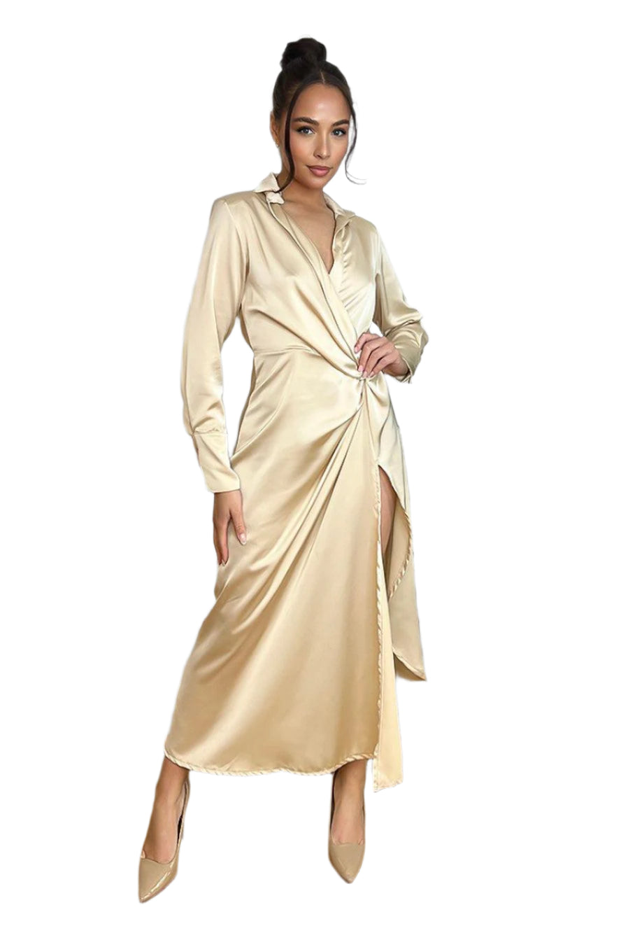 Beige Satin Twist To Side Midi Length Dress-SinglePrice