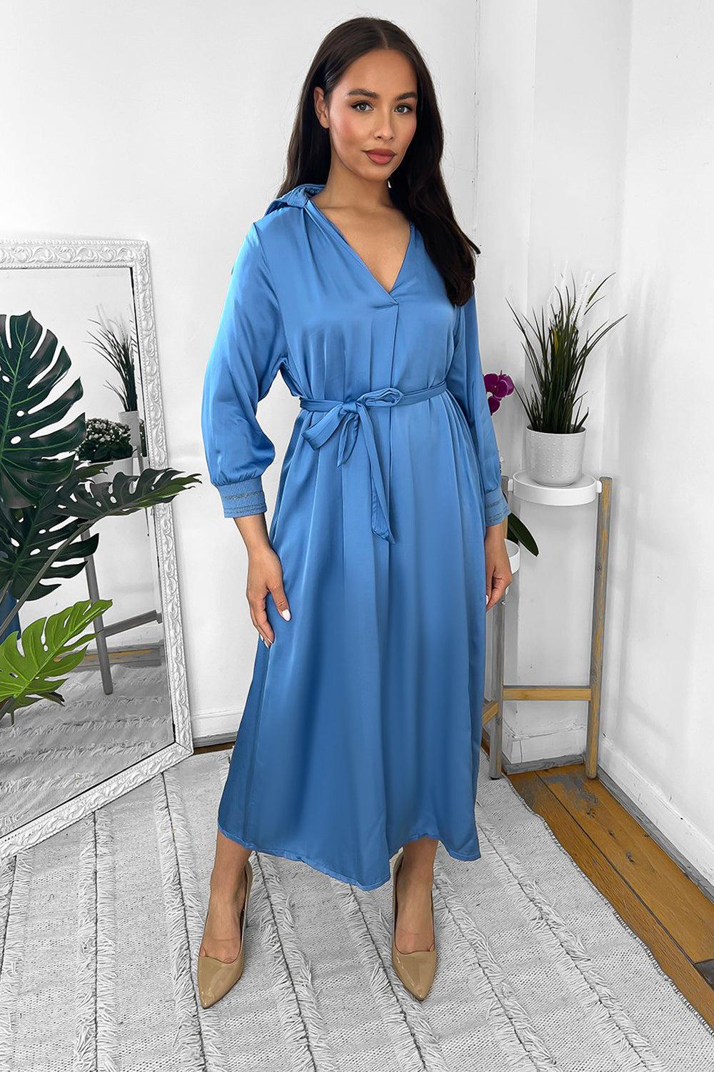 Silk Blend Satin Belted Midi Shirt Dress-SinglePrice