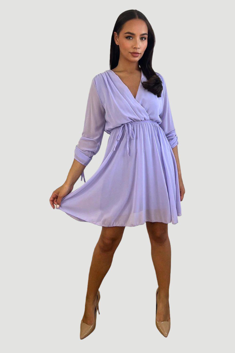 Fixed Wrap Drawstring Sleeves Chiffon Dress-SinglePrice