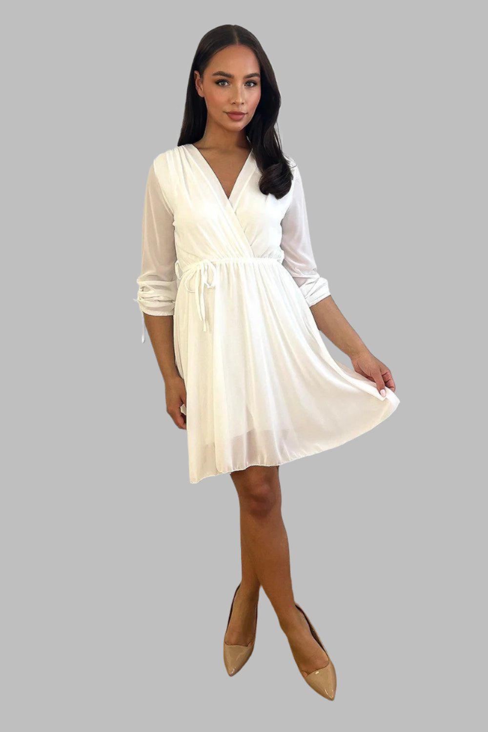 Fixed Wrap Drawstring Sleeves Chiffon Dress-SinglePrice