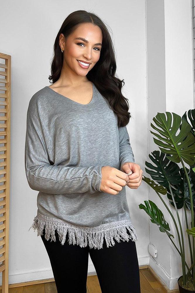 Fringed Hem Lightweight V-Neck Tunic-SinglePrice