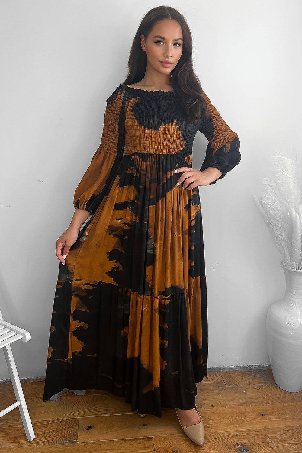 Abstract Tie Dye Print Shirred Off Shoulder Maxi Dress-SinglePrice