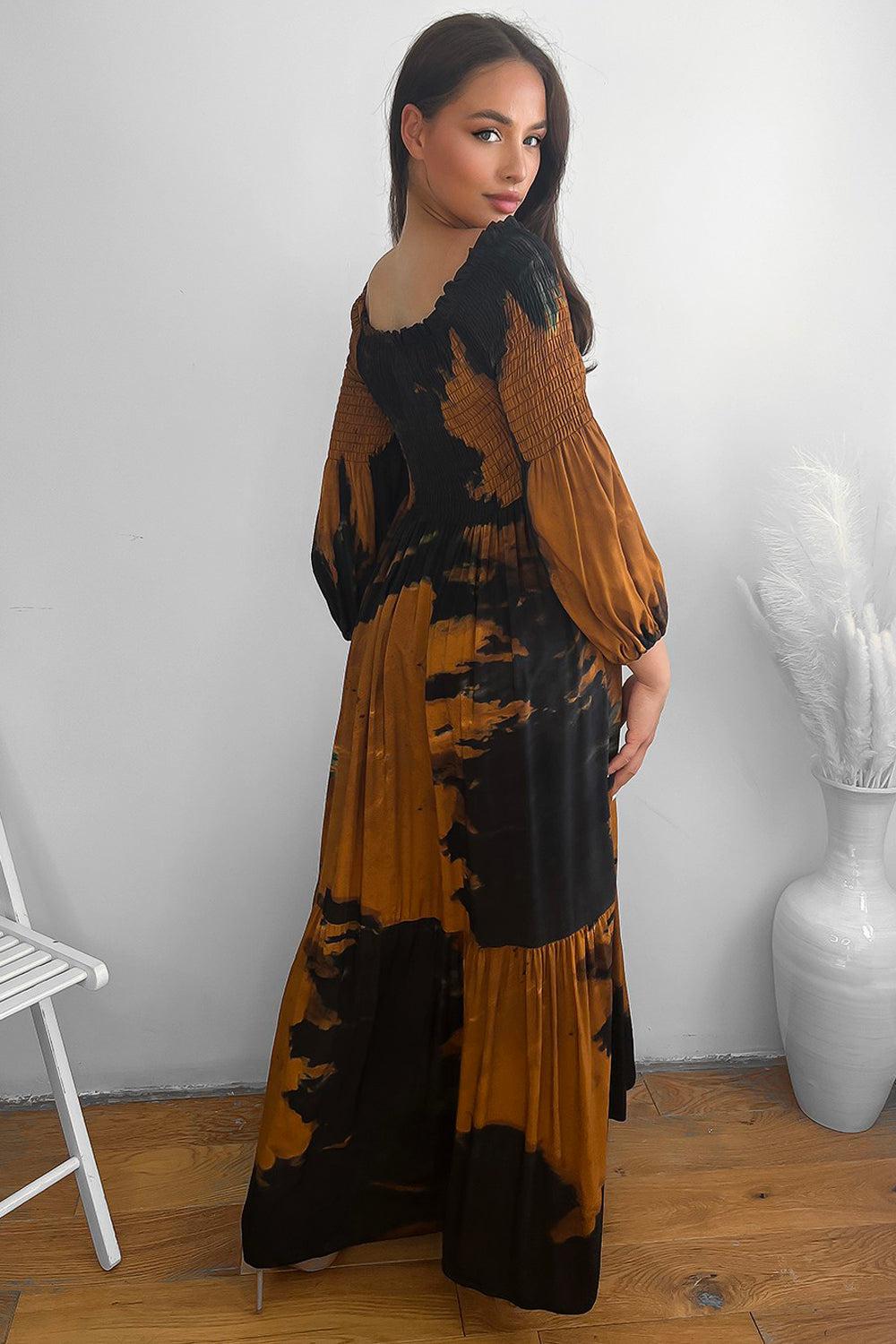Abstract Tie Dye Print Shirred Off Shoulder Maxi Dress-SinglePrice