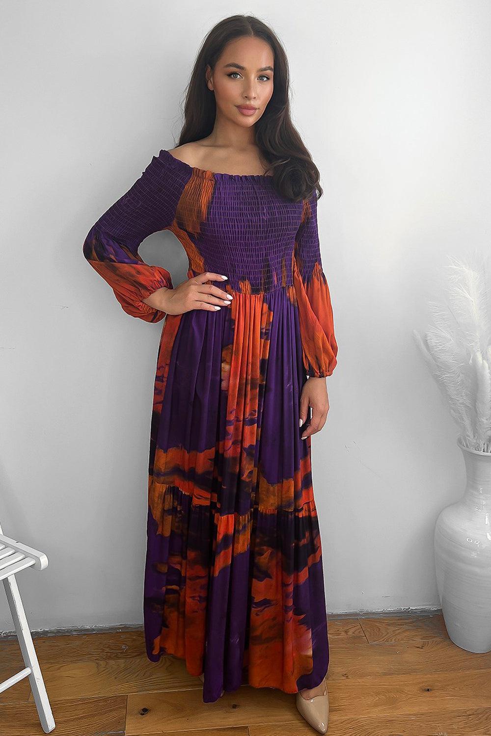 Abstract Tie Dye Print Shirred Off Shoulder Maxi Dress-SinglePrice