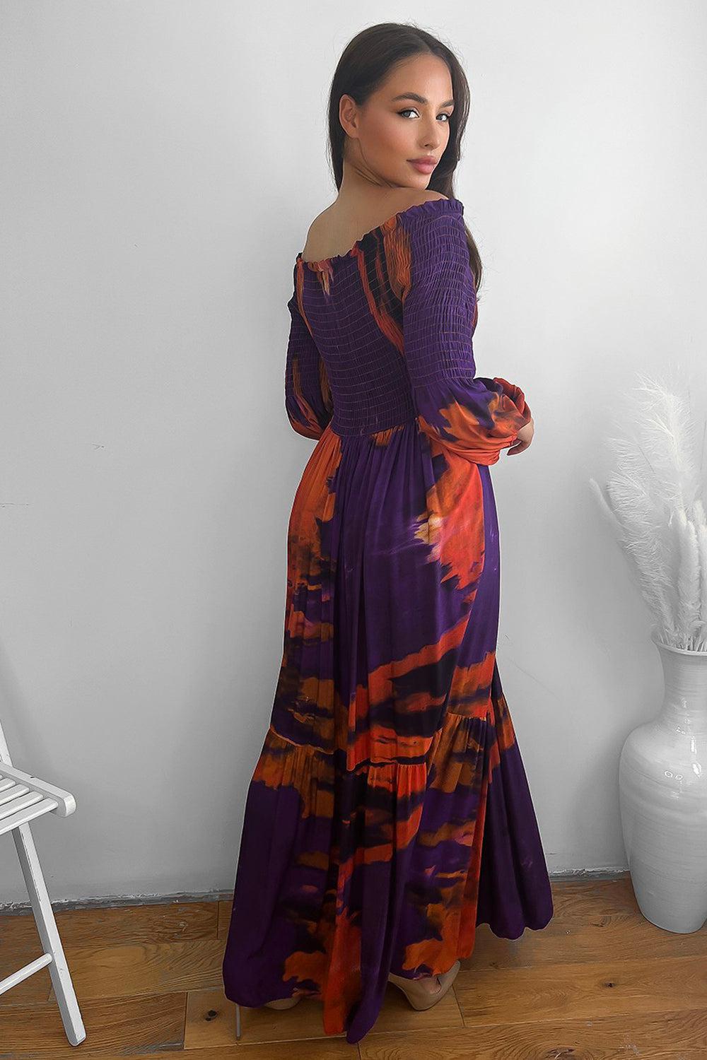 Abstract Tie Dye Print Shirred Off Shoulder Maxi Dress-SinglePrice