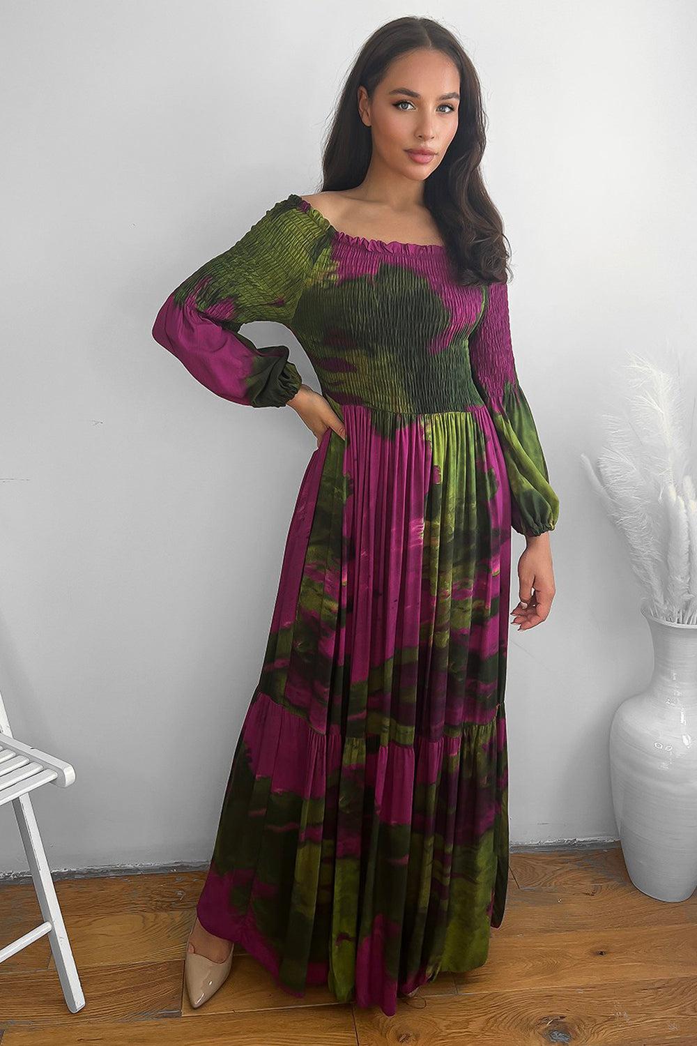 Abstract Tie Dye Print Shirred Off Shoulder Maxi Dress-SinglePrice