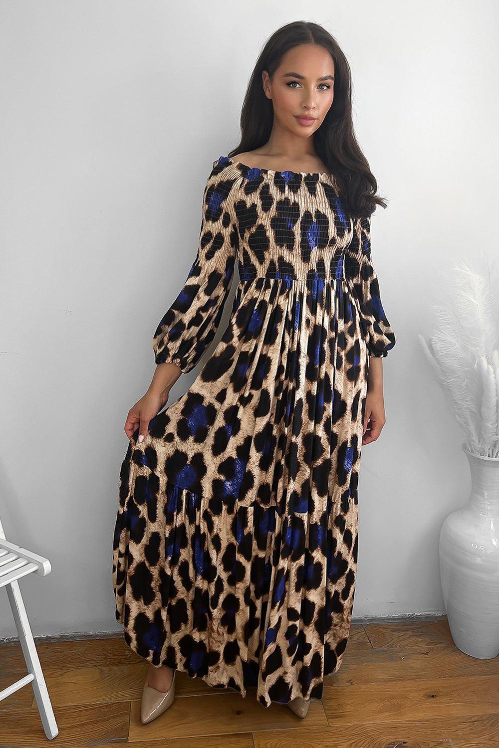 Leopard Print Shirred Off Shoulder Maxi Dress-SinglePrice