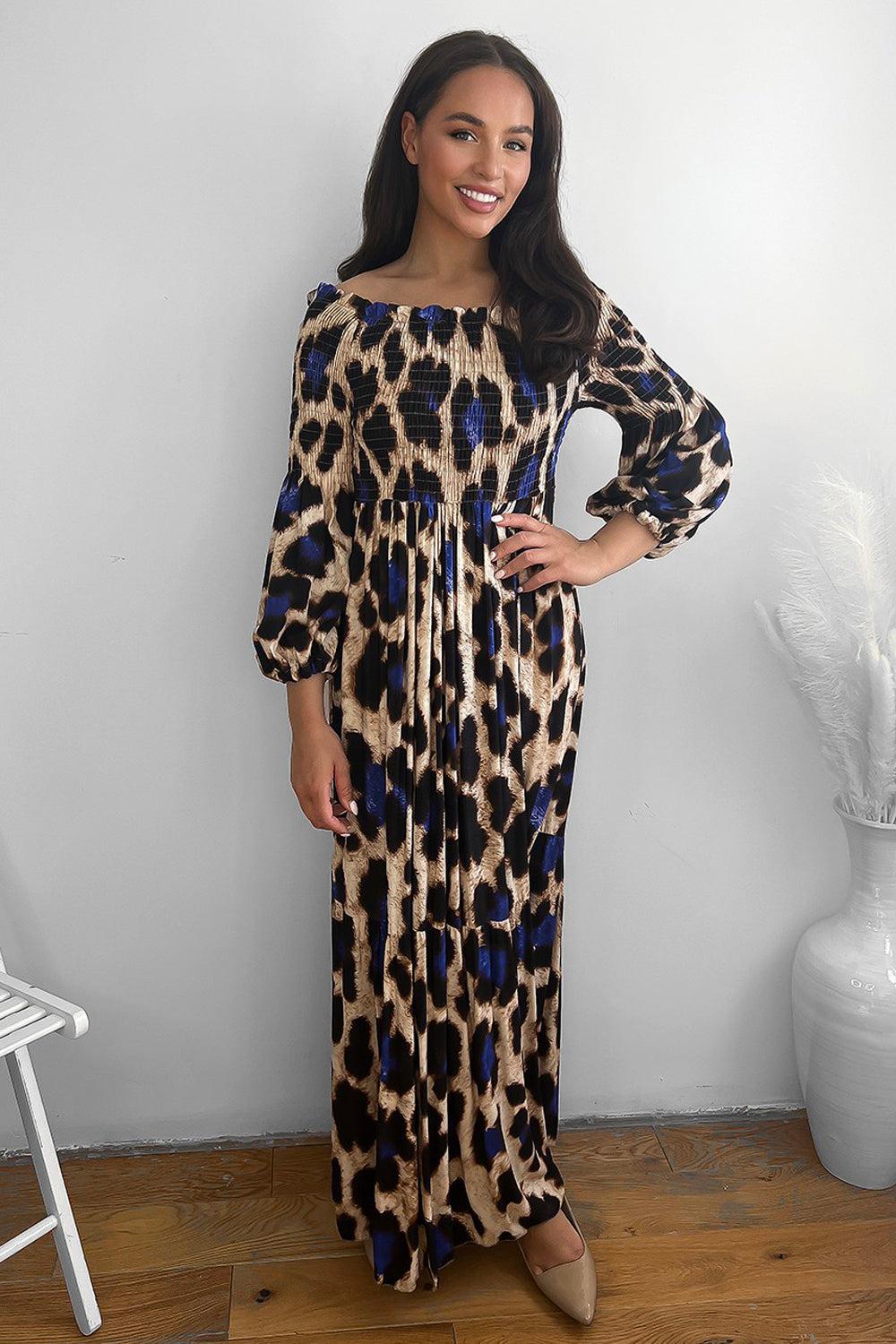 Leopard Print Shirred Off Shoulder Maxi Dress-SinglePrice