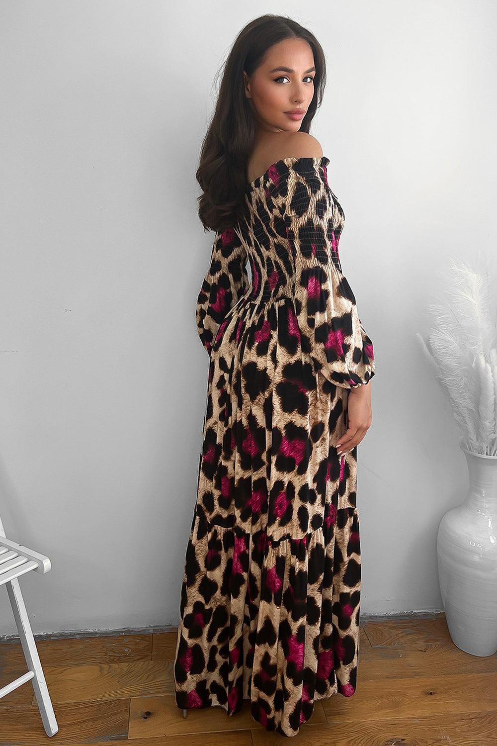 Leopard Print Shirred Off Shoulder Maxi Dress-SinglePrice