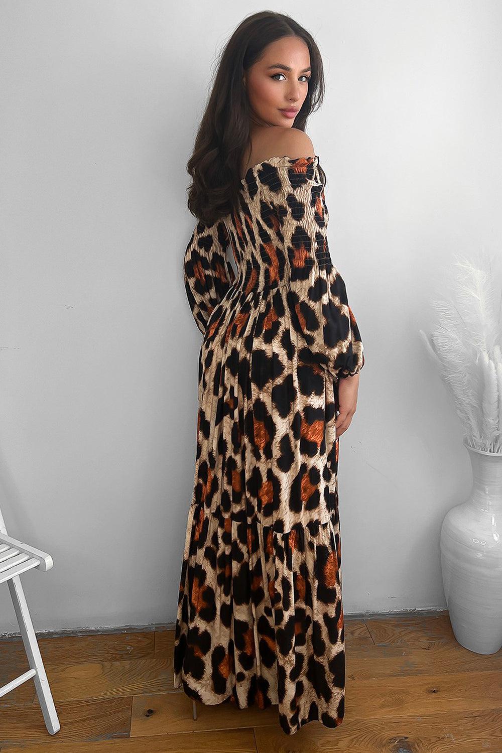Leopard Print Shirred Off Shoulder Maxi Dress-SinglePrice