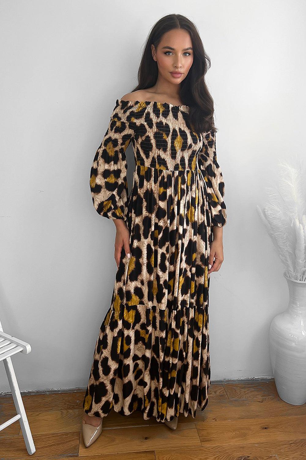 Leopard Print Shirred Off Shoulder Maxi Dress-SinglePrice