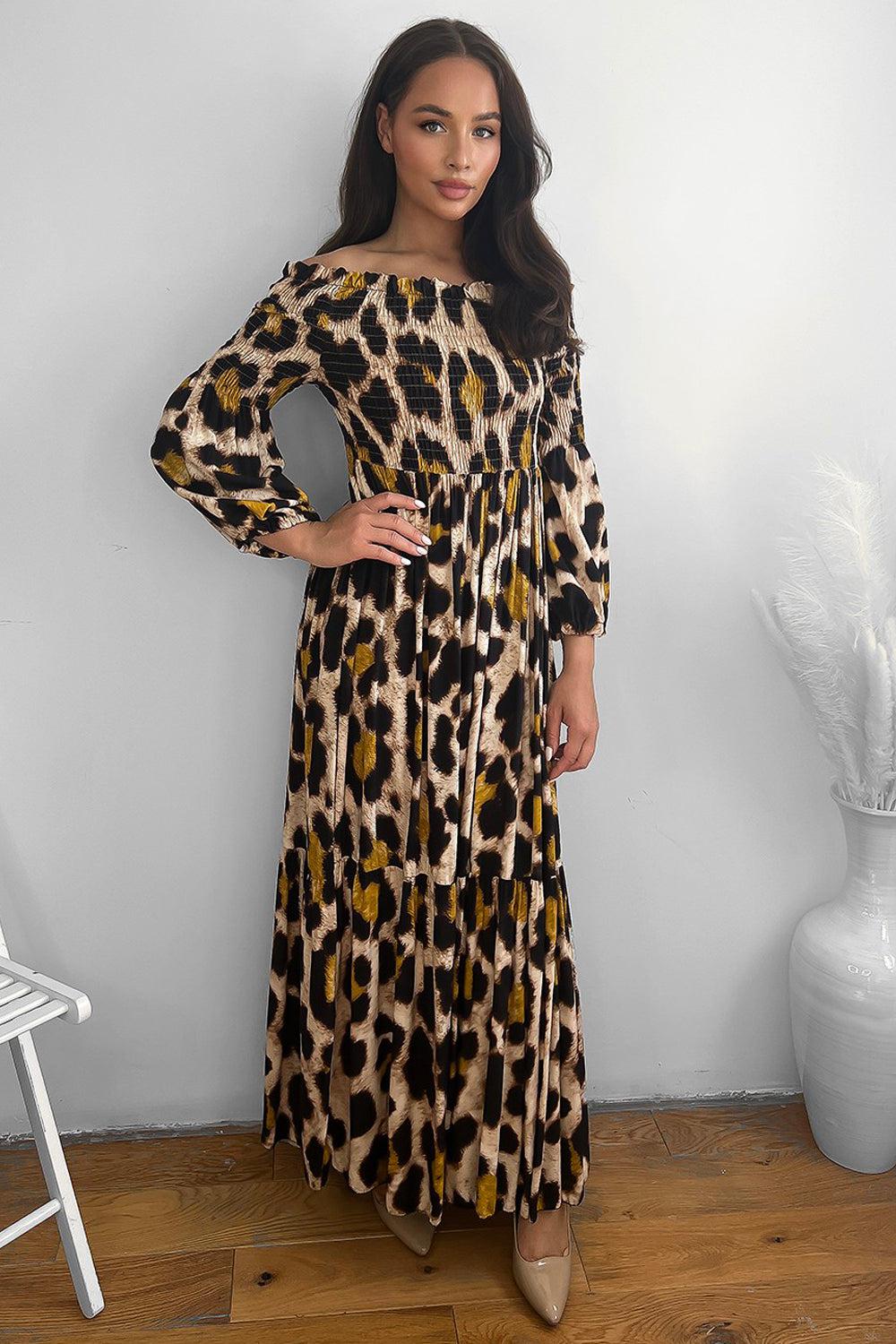 Leopard Print Shirred Off Shoulder Maxi Dress-SinglePrice
