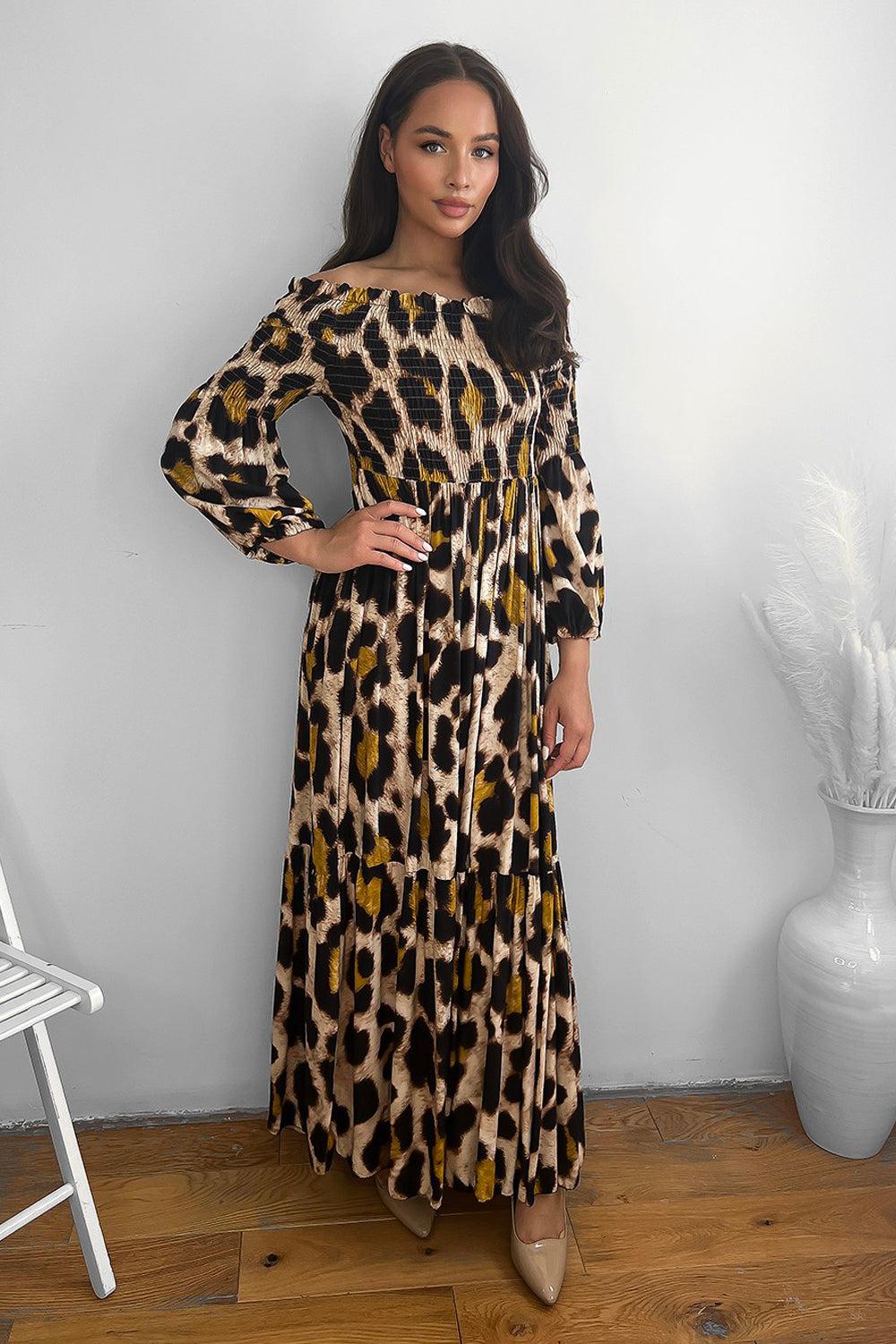 Leopard Print Shirred Off Shoulder Maxi Dress-SinglePrice