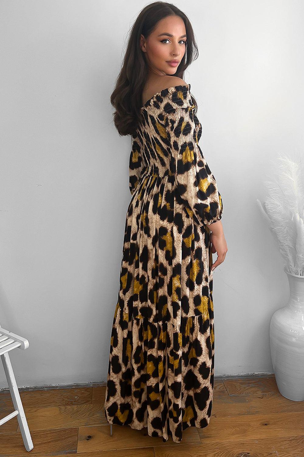 Leopard Print Shirred Off Shoulder Maxi Dress-SinglePrice