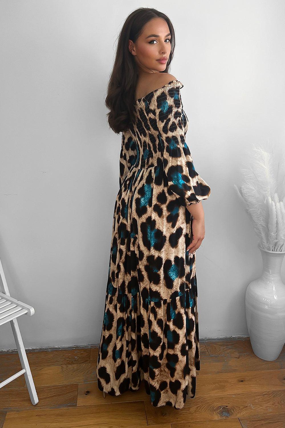 Leopard Print Shirred Off Shoulder Maxi Dress-SinglePrice