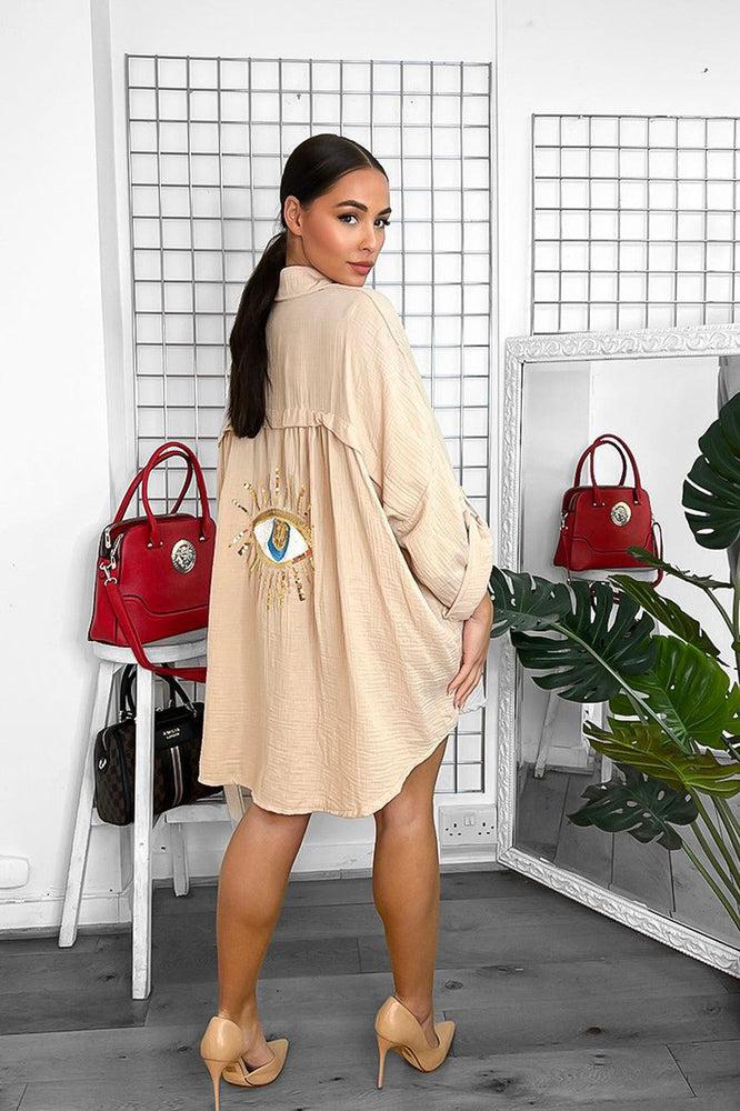 Waffle Fabric Embellished Eye Detail Shirt Dress-SinglePrice