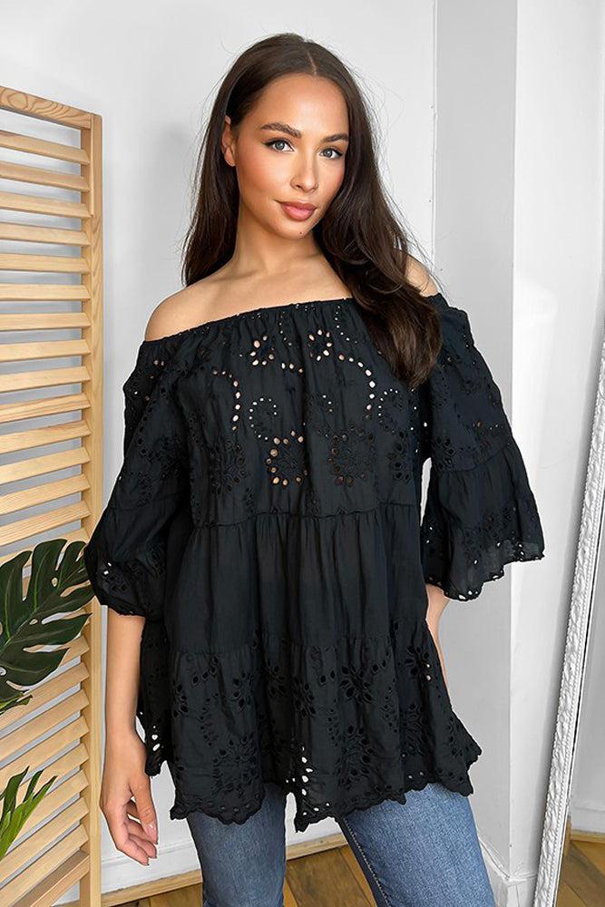 Off Shoulder Perforated Design Cotton Tunic-SinglePrice