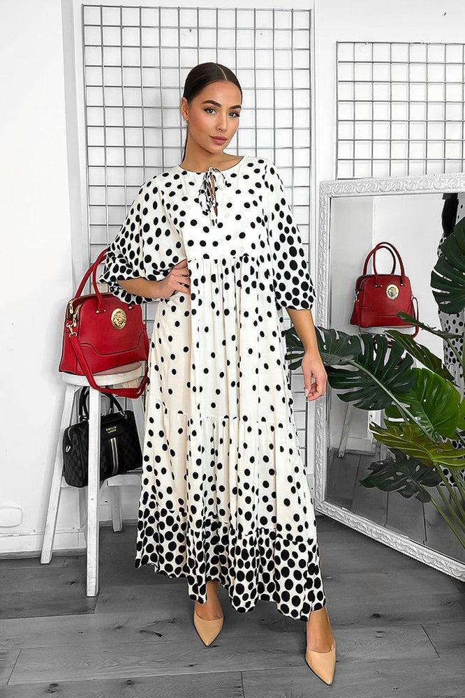Cotton Blend Dotted Tiered Maxi Dress-SinglePrice
