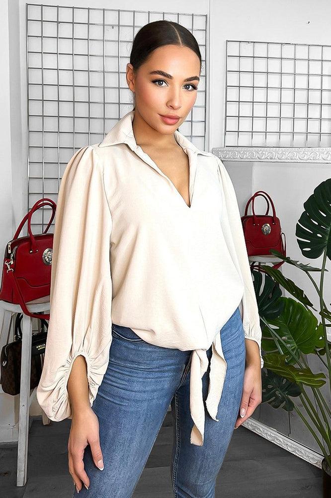 Balloon Sleeves Front Knot Blouse-SinglePrice