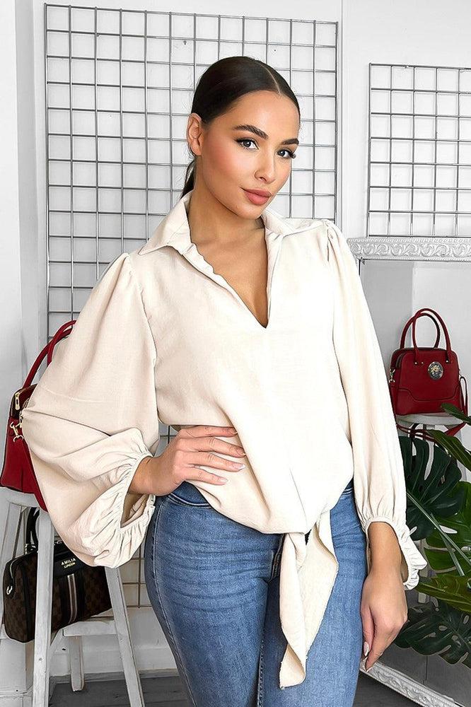 Balloon Sleeves Front Knot Blouse-SinglePrice