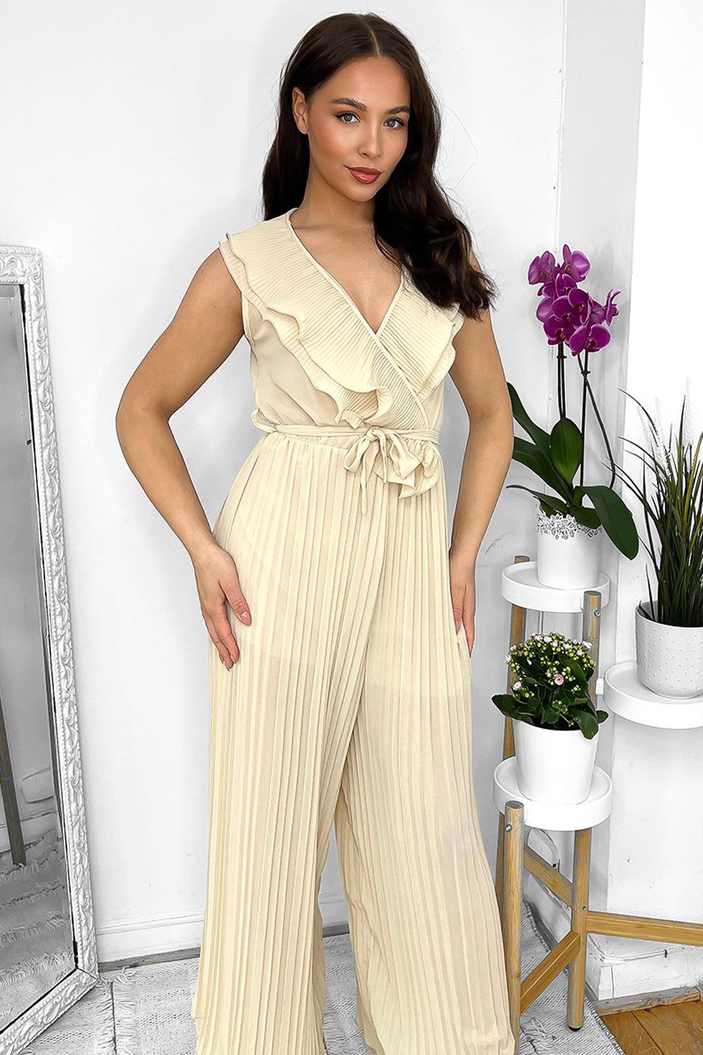 Frilled Front Sleeveless Chiffon Jumpsuit-SinglePrice